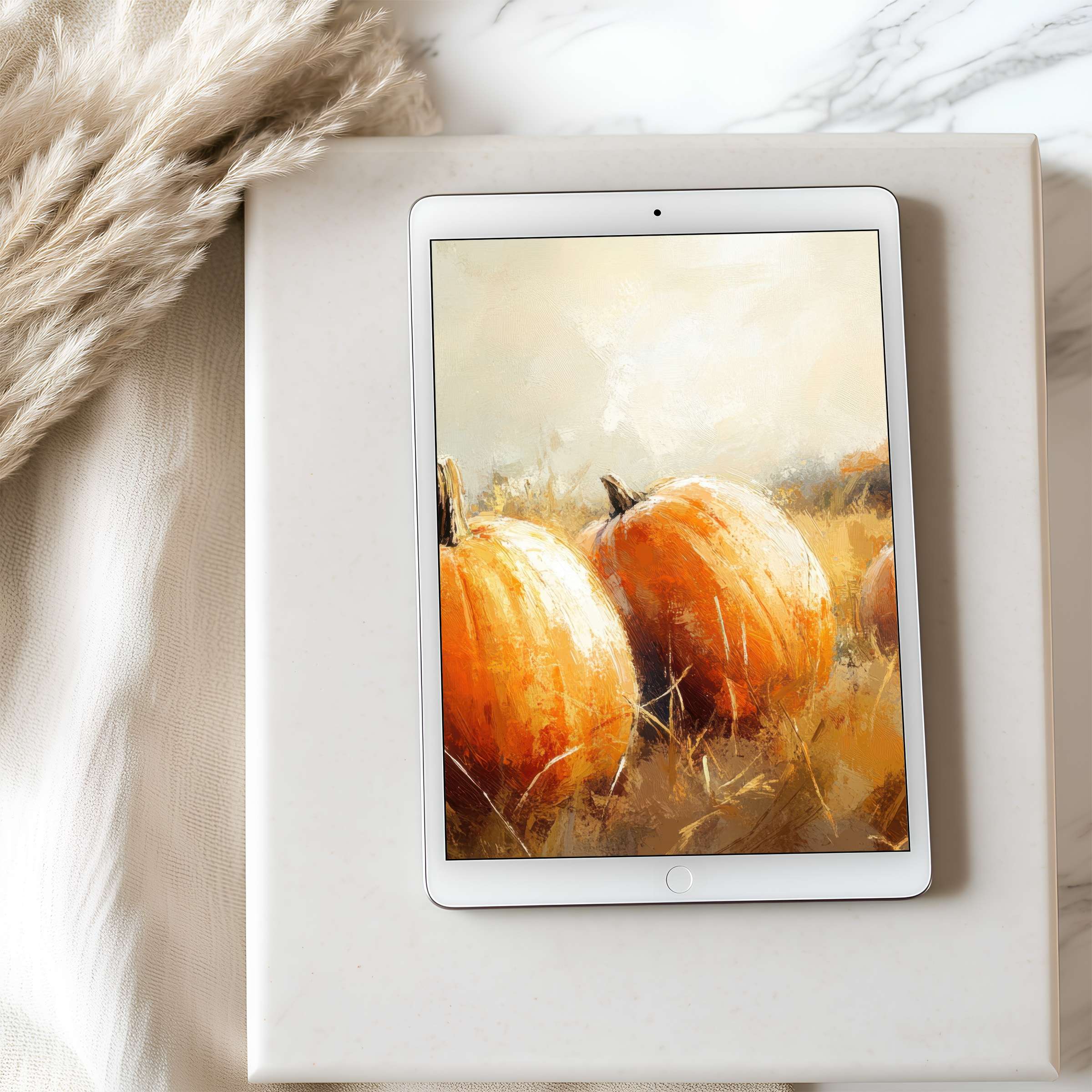 Elegant tablet wallpaper featuring vibrant pumpkins in an autumn field, perfect for iPad and Android tablets, high resolution digital download