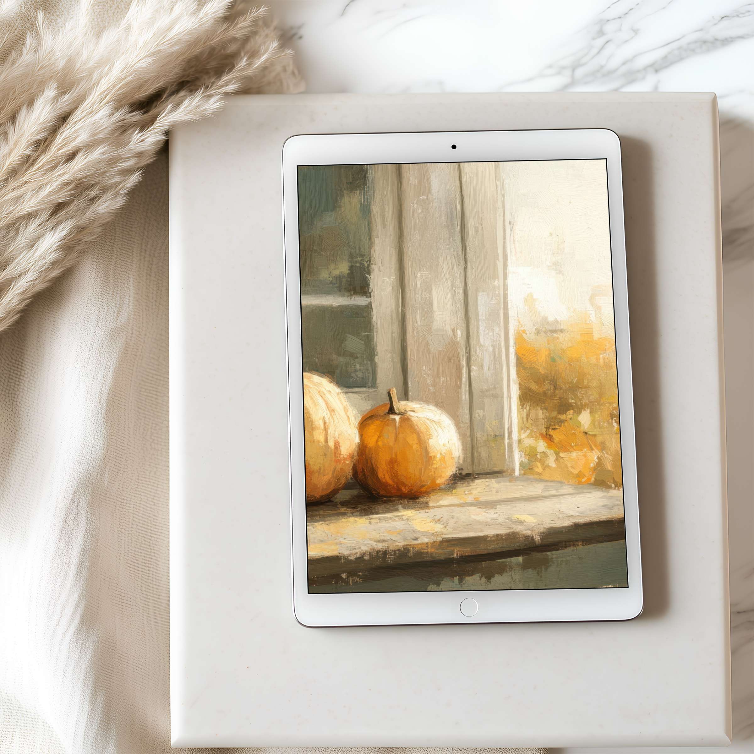 Elegant tablet wallpaper featuring serene autumn pumpkins, high-resolution artwork for iPad and Android tablets, perfect digital download