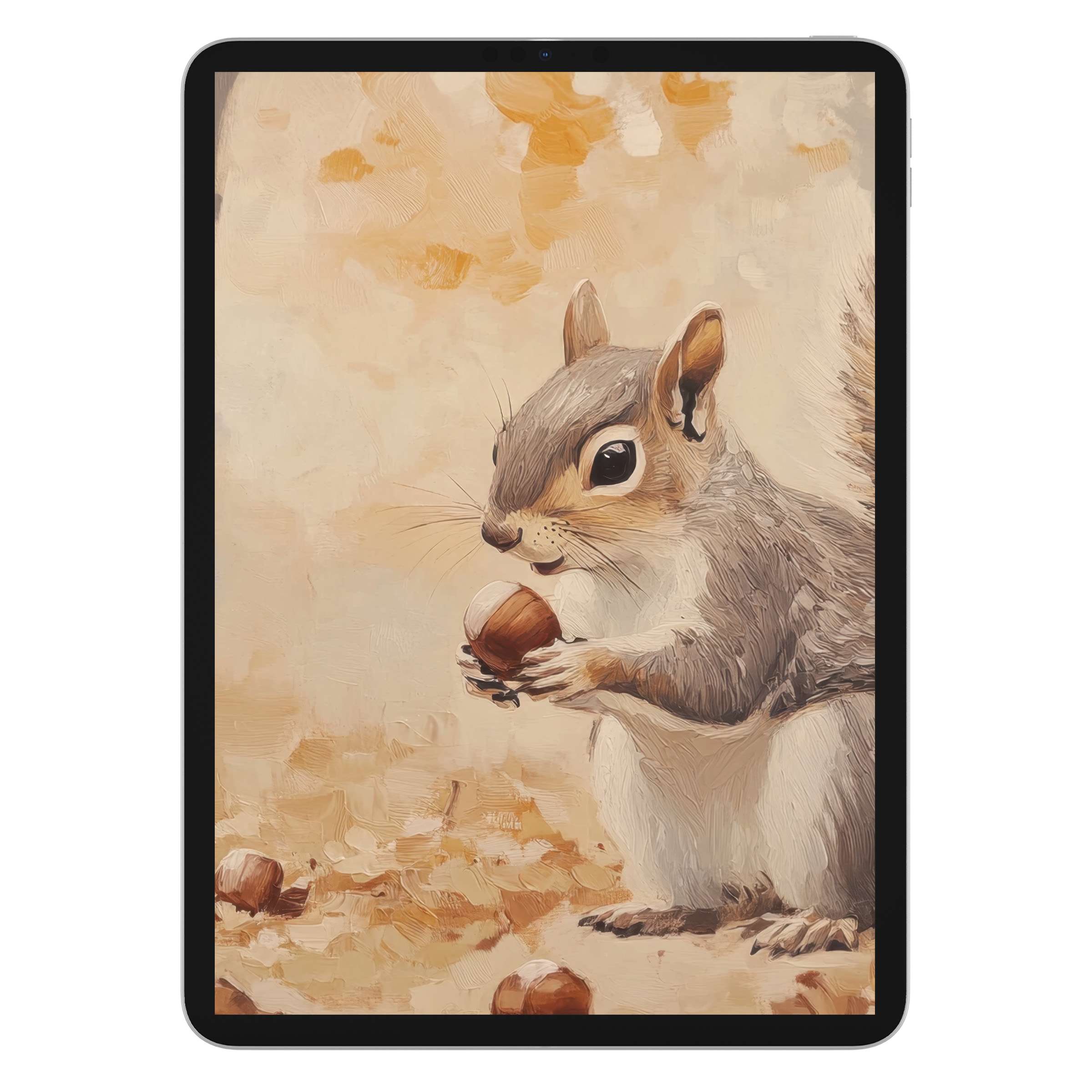 Charming fall iPad wallpaper showcasing a squirrel with acorns in an elegant, inspiring digital download for tablet background lovers