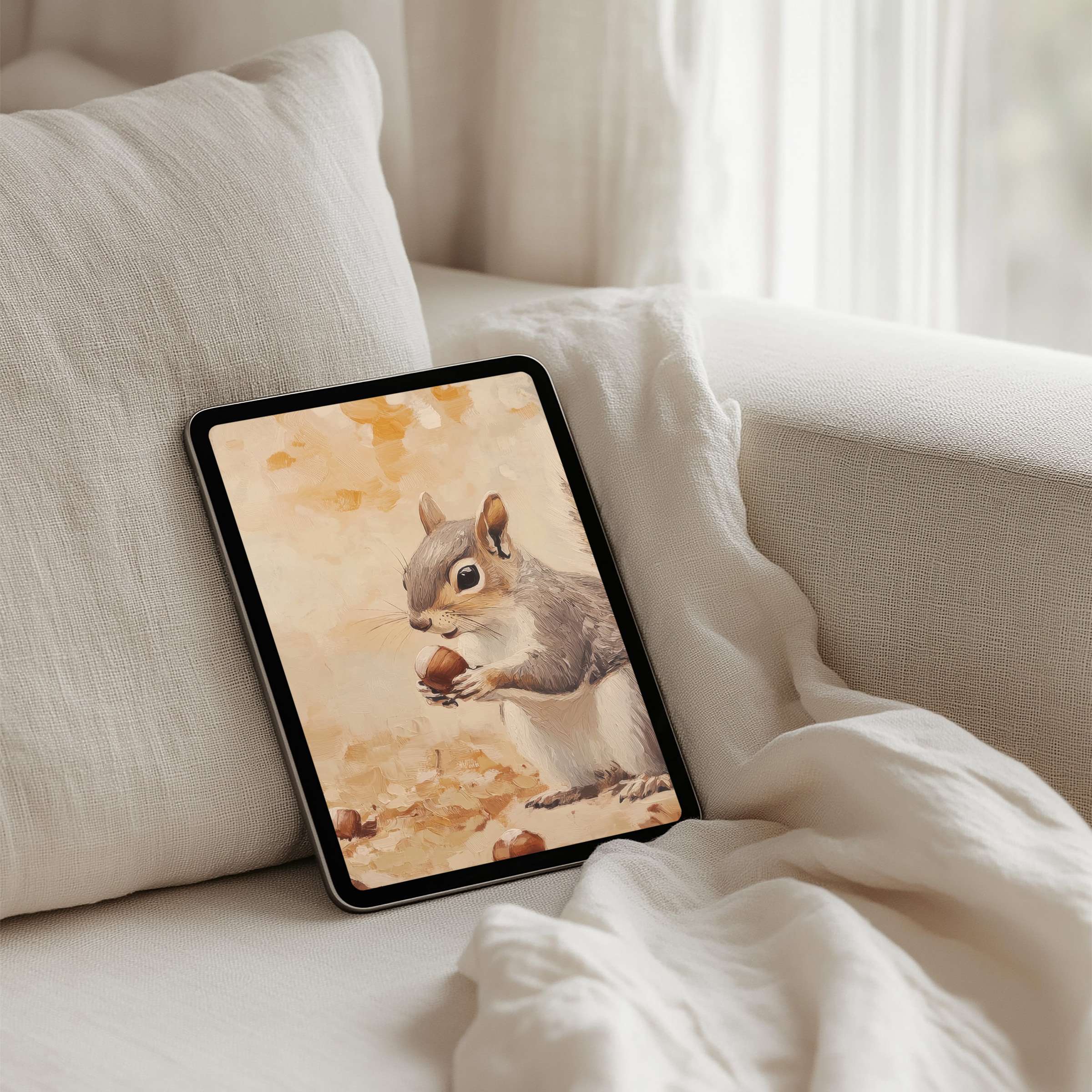 Elegant squirrel-themed iPad background for instant download inspires calmness and mindfulness perfect for any tablet's serene aesthetic