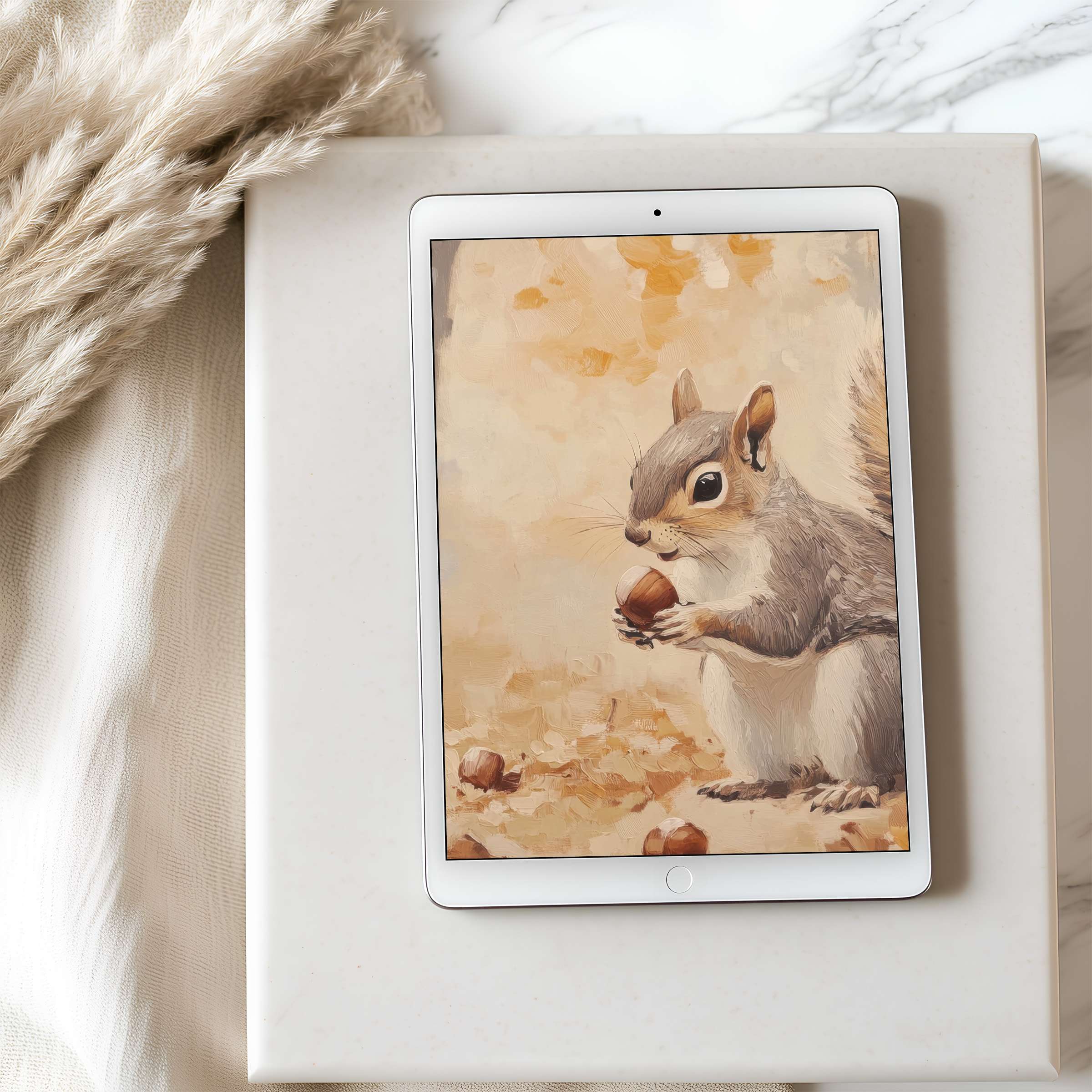 Elegant squirrel digital art for tablet wallpaper, perfect for iPad use, adds a tranquil touch to any curated, eco-friendly space