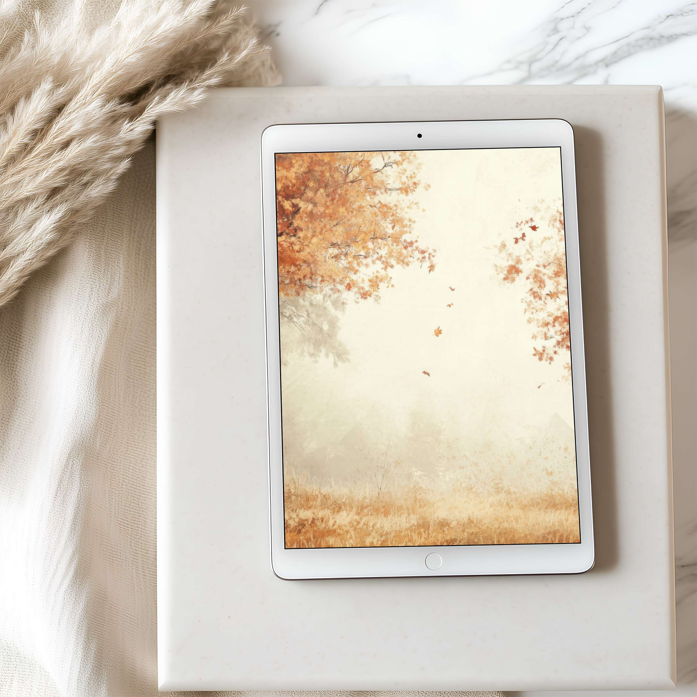 Elegant autumn-themed tablet wallpaper featuring warm, muted orange hues on an iPad in a minimalist setting for a serene digital download