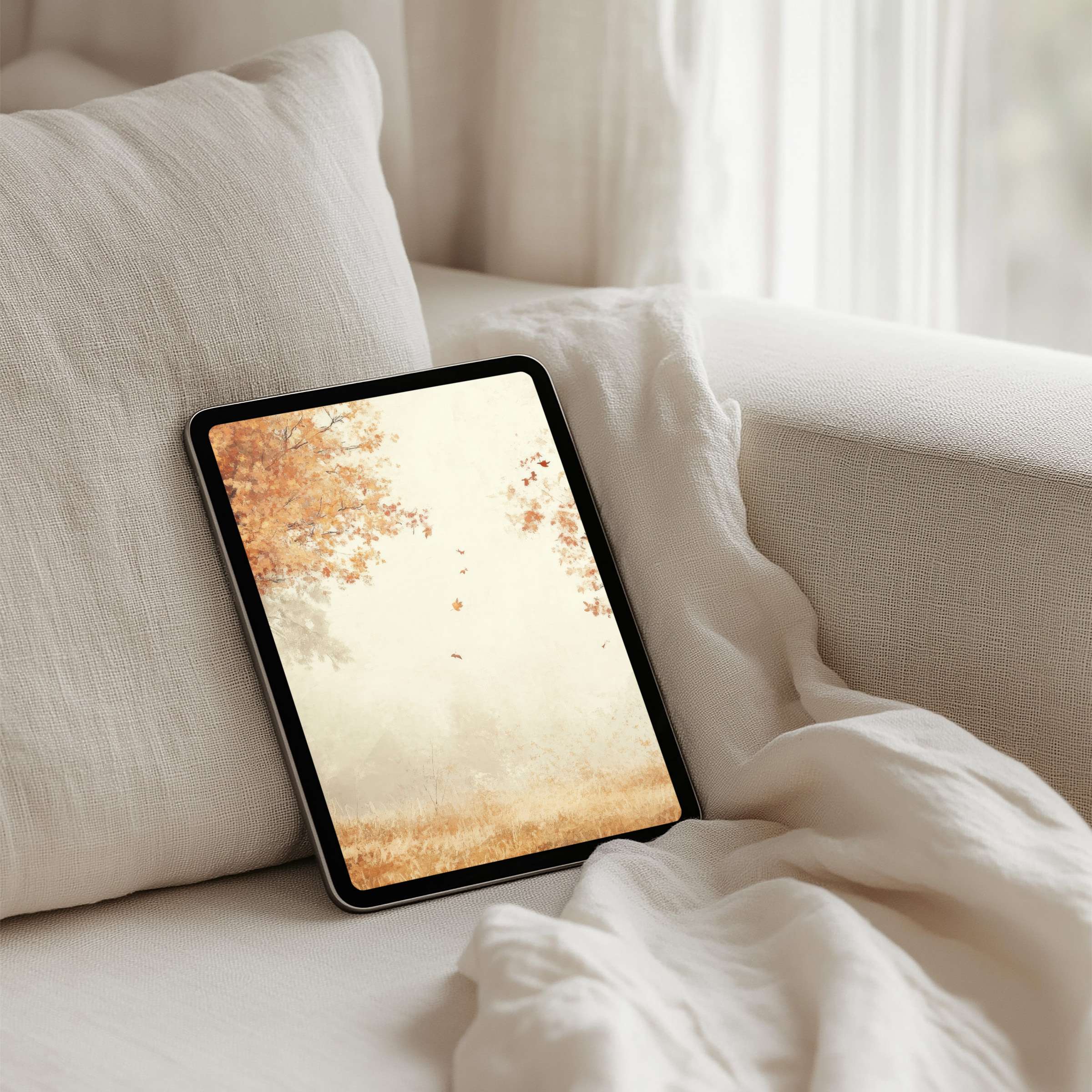 Autumn-inspired iPad background offering instant download for tablets evokes calm and elegance, ideal for mindful digital spaces