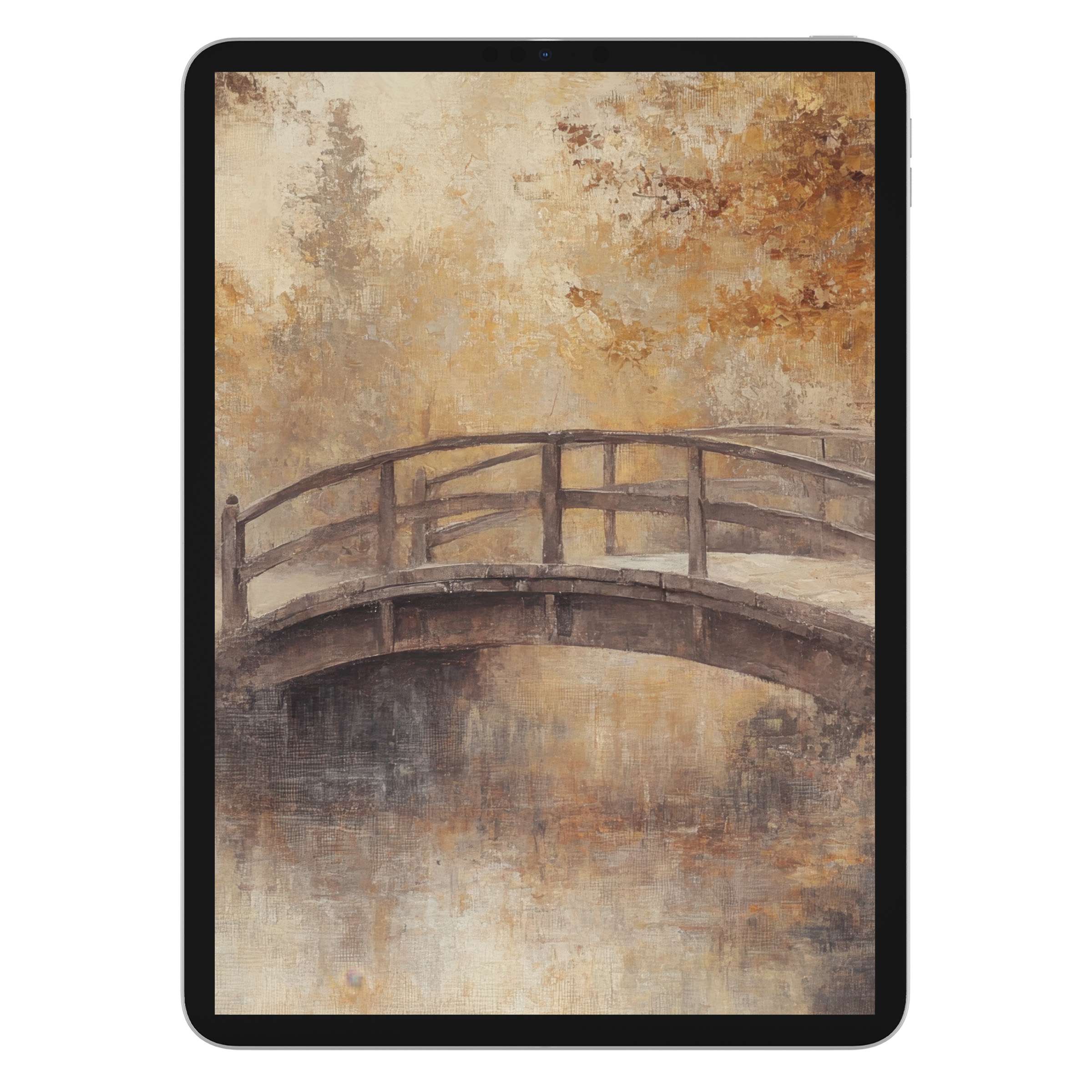 Warm watercolor tones of a rustic bridge in autumn create a serene fall iPad wallpaper for tablet and digital download background