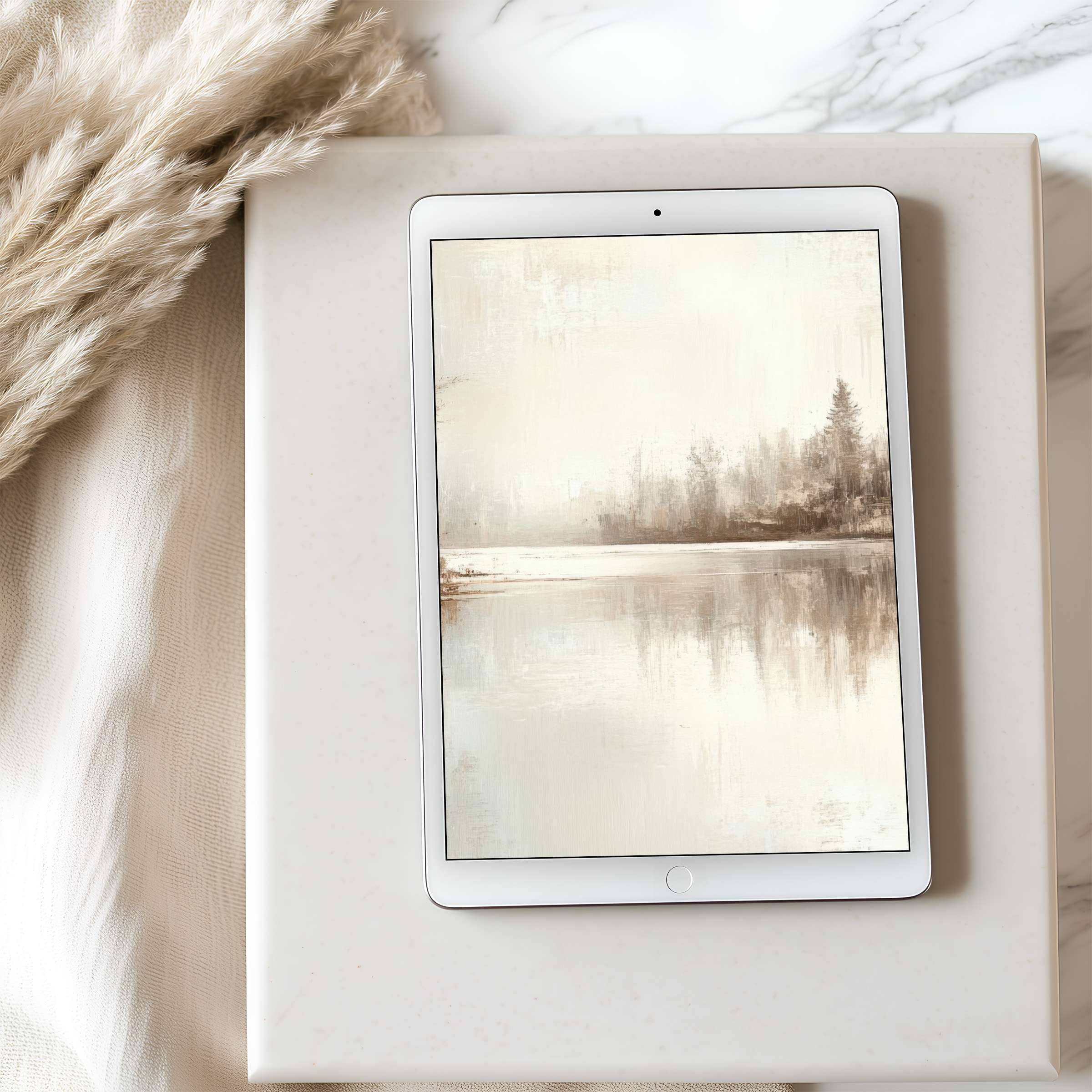 Elegant high-resolution tablet wallpaper featuring serene, muted landscape art offering calm elegance for iPad and Android digital download