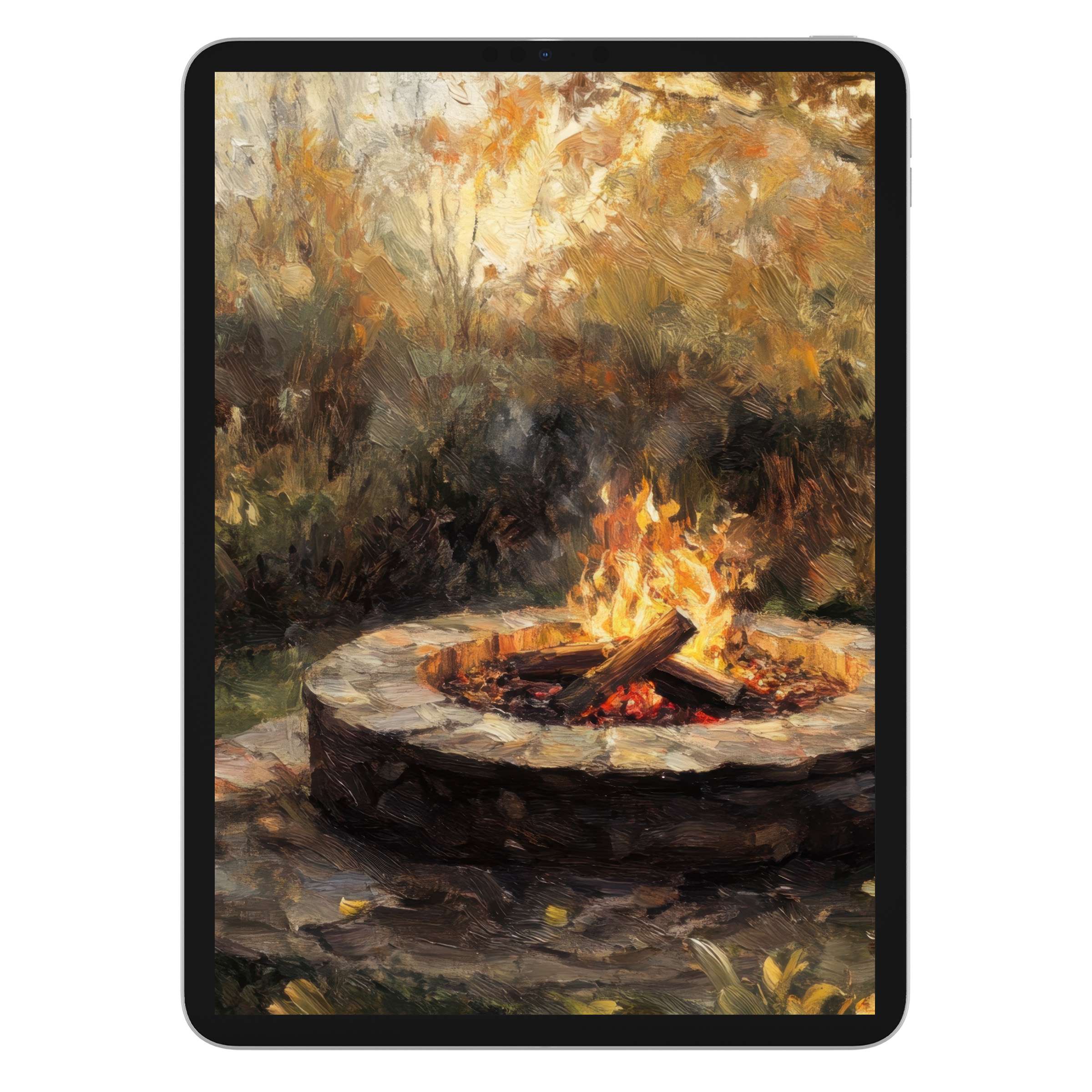 Warm, elegant fall iPad wallpaper featuring a cozy campfire with lush autumn foliage for tablet background digital download use