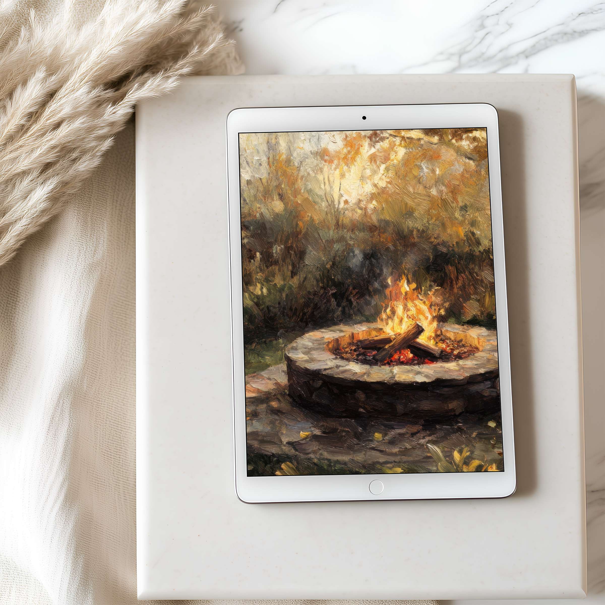 Elegant tablet wallpaper depicting a warm autumn fire pit, perfect for iPad screens, offering calm, high-resolution digital download
