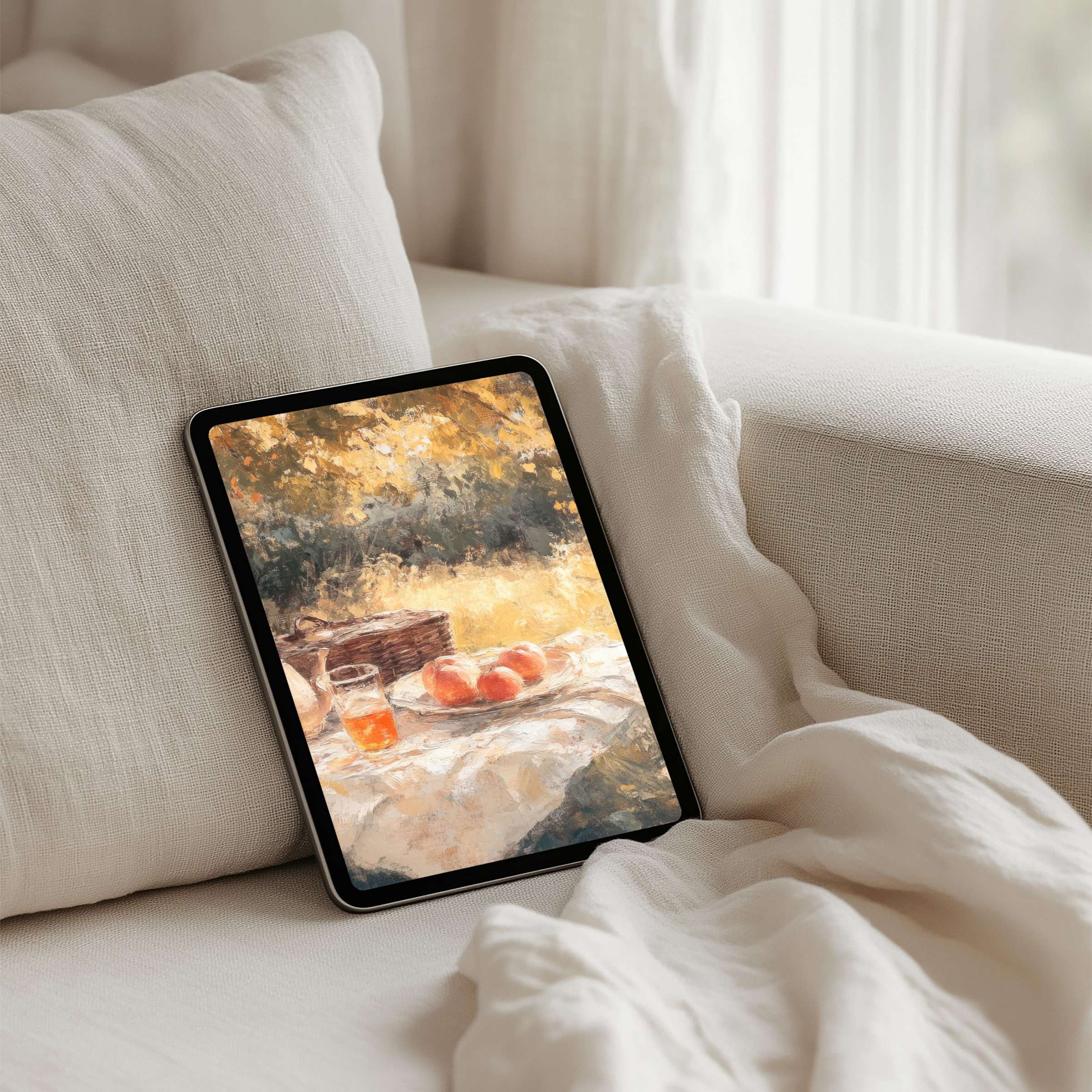 Elegant iPad background featuring a serene picnic scene in warm tones offers instant download for any tablet inspiring calm mindfulness