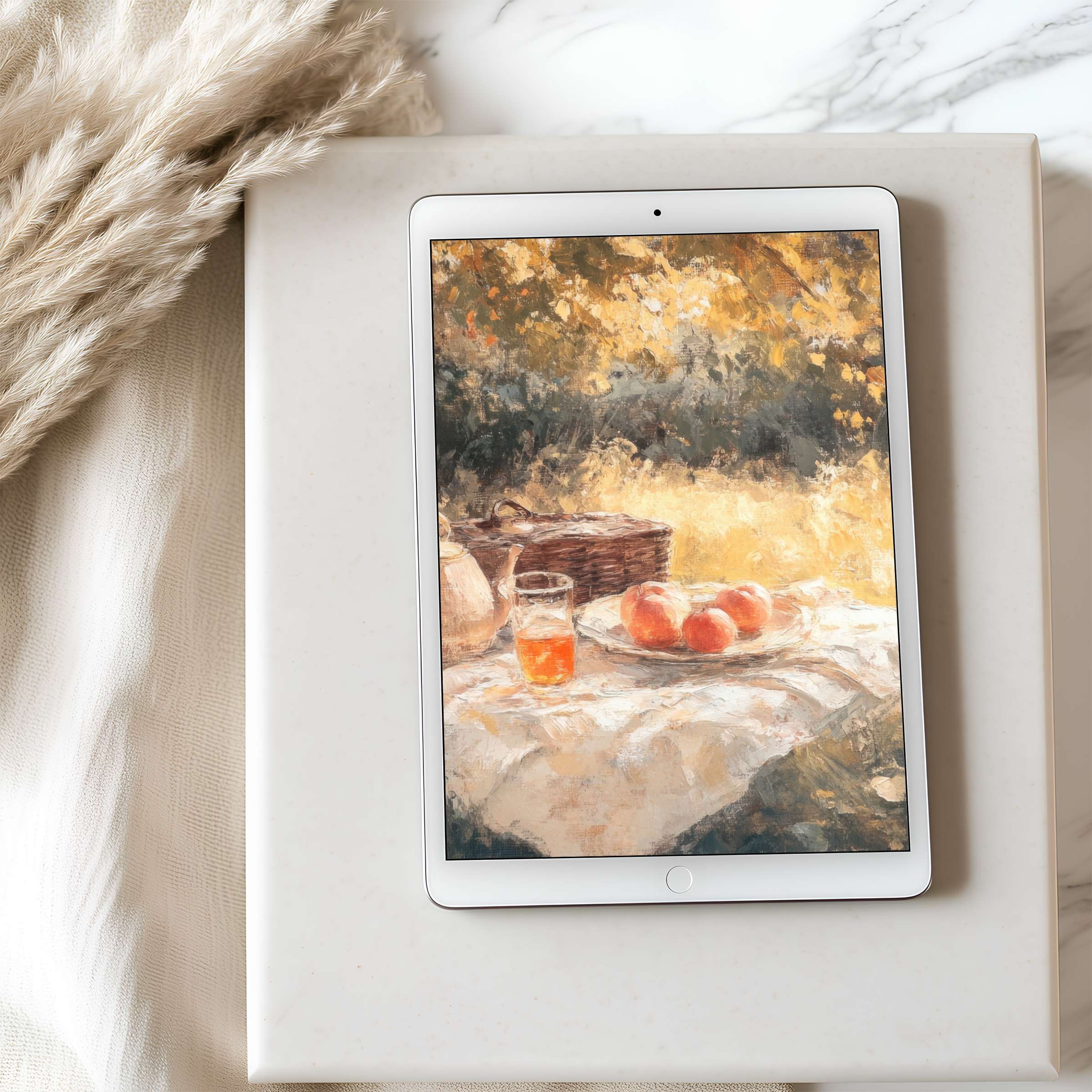 Serene tablet wallpaper in high resolution, depicting a rustic picnic scene with soft autumn tones, perfect for iPad and Android tablets