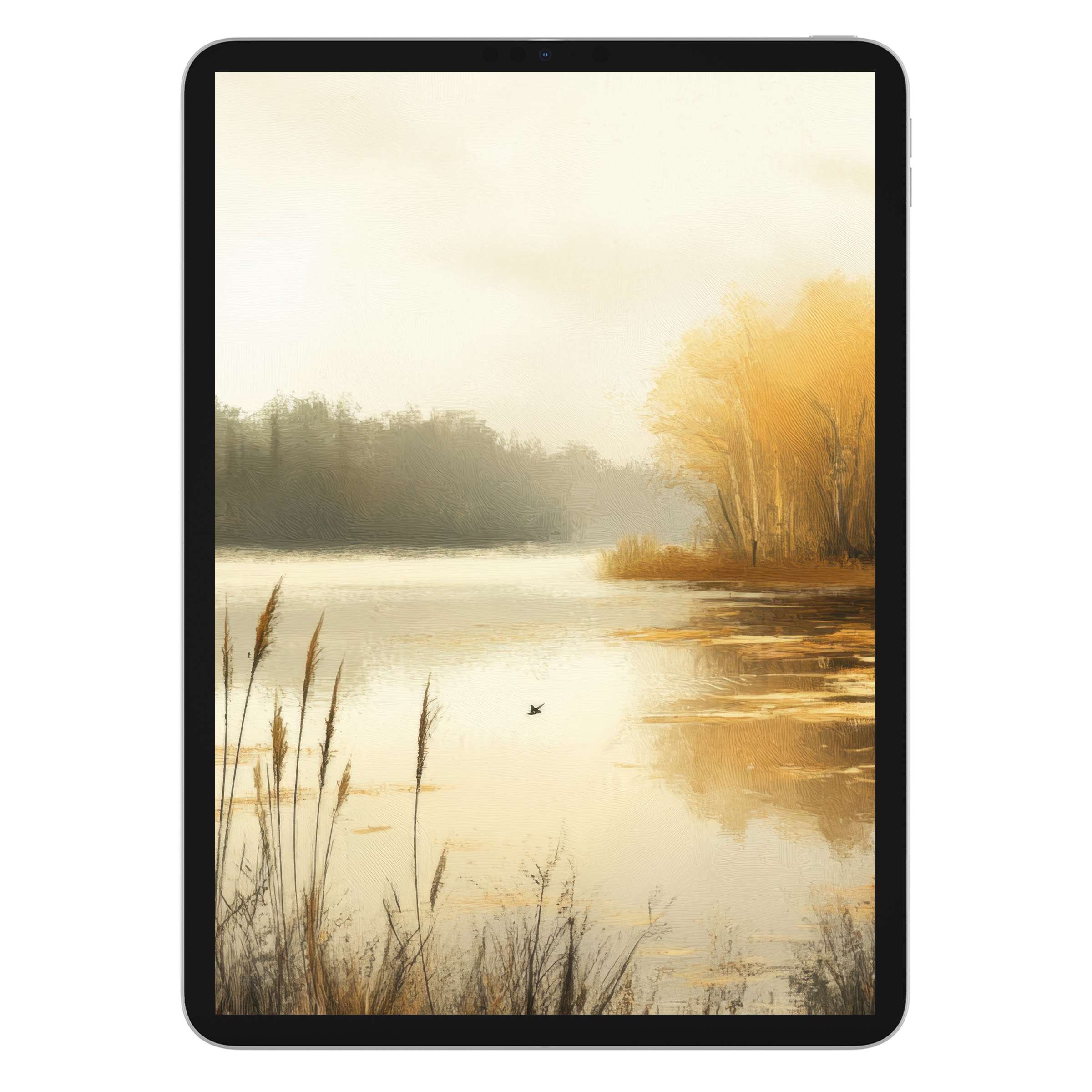 Elegant fall iPad wallpaper with serene autumn lake scene, perfect digital download for calming tablet background and decor