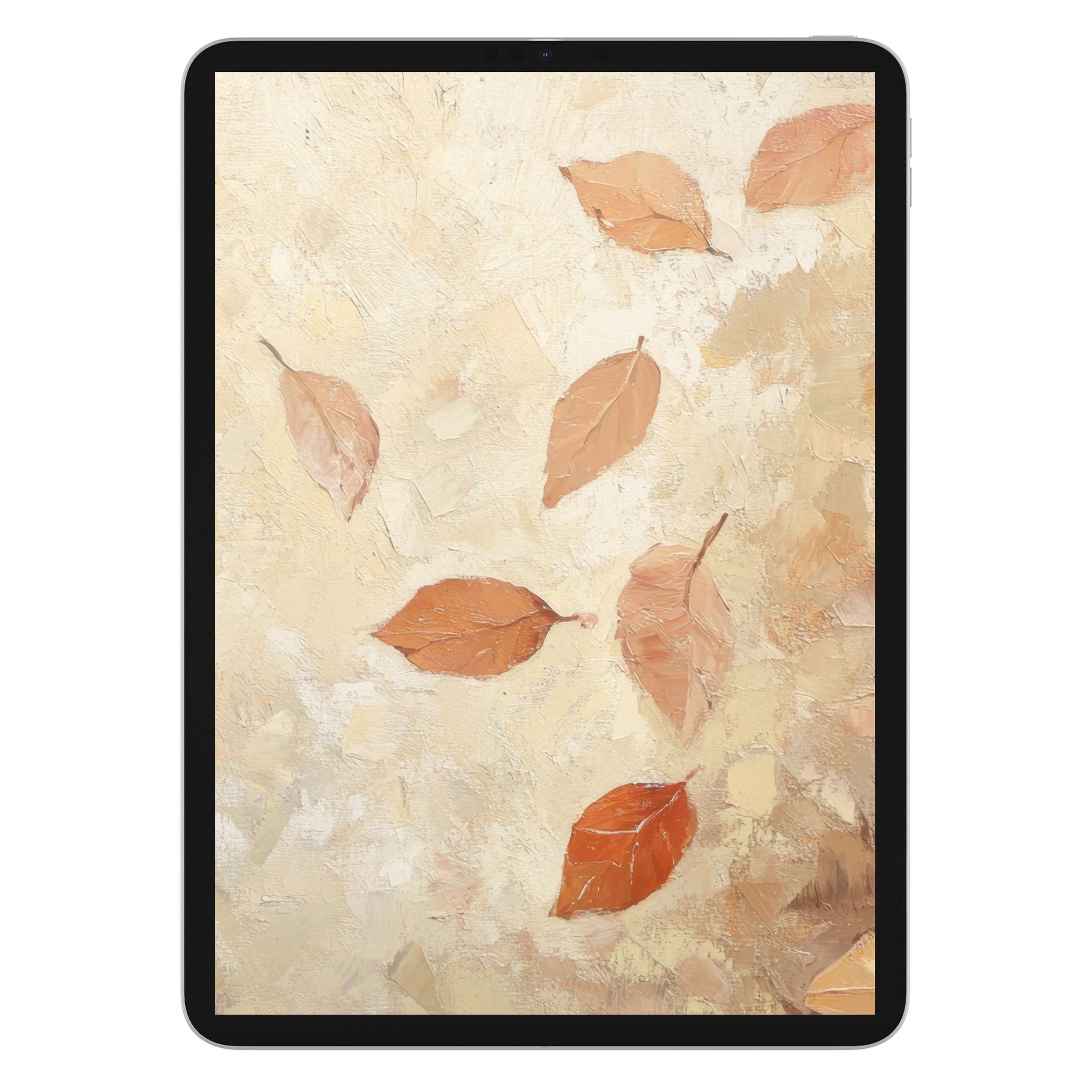 Elegant fall iPad wallpaper showcasing painted autumn leaves on a textured cream background, perfect digital download for tablet screens