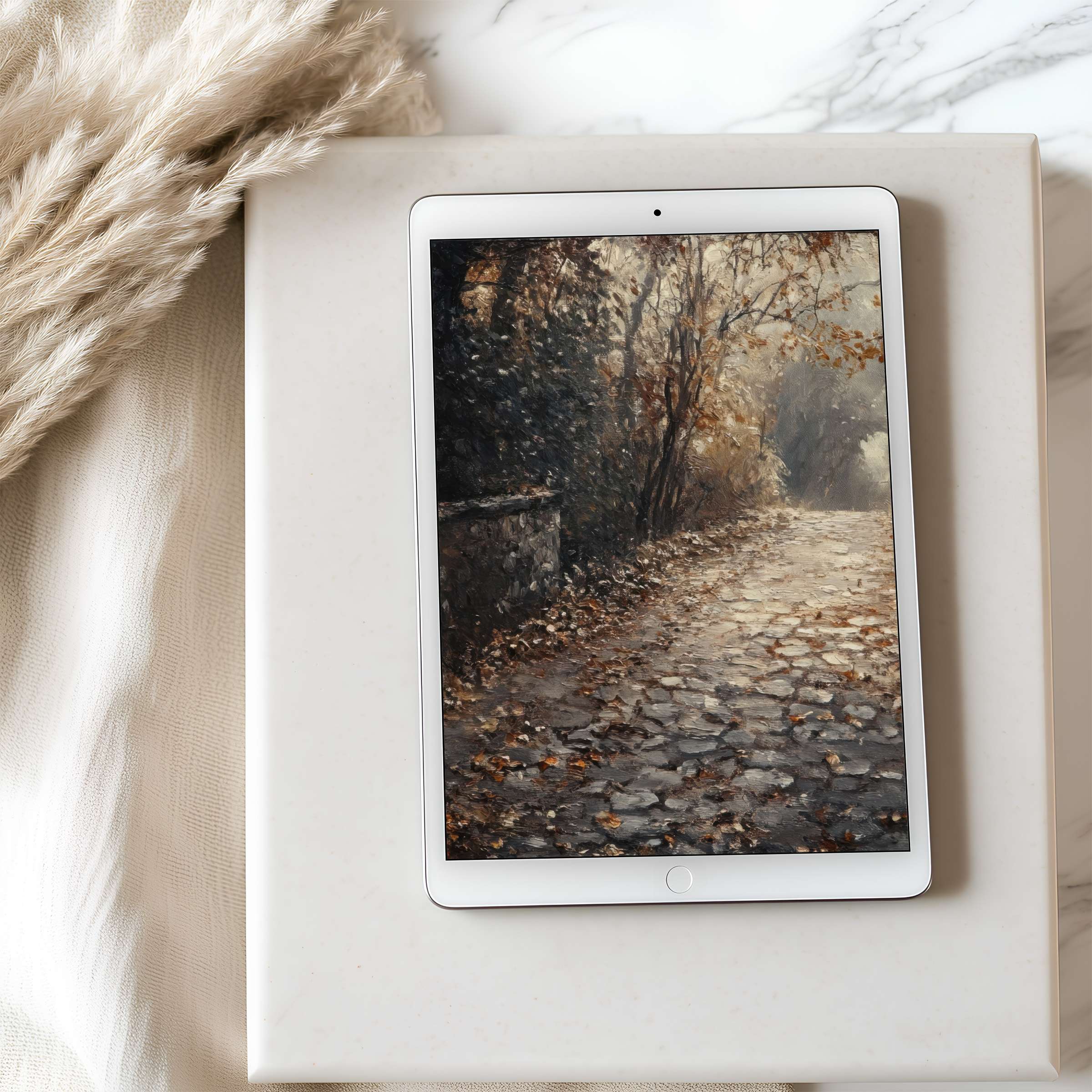 Serene autumn path painting on tablet wallpaper evokes calm with earthy tones, perfect for high-resolution iPad, Android download