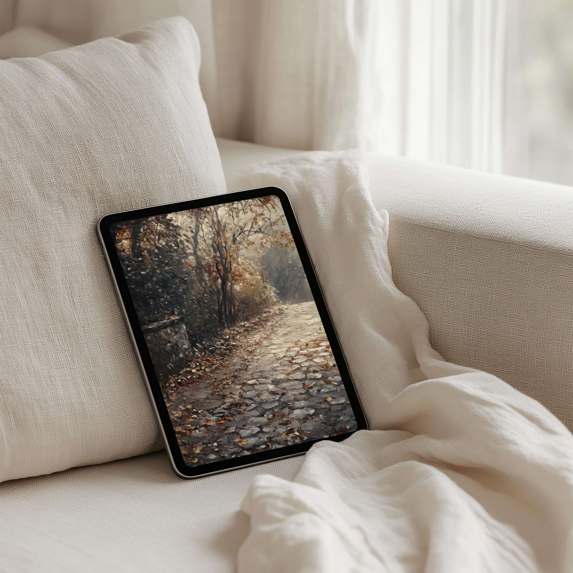 Elegant autumn path painting as an iPad background offers calm and inspiration for your tablet instant download available today