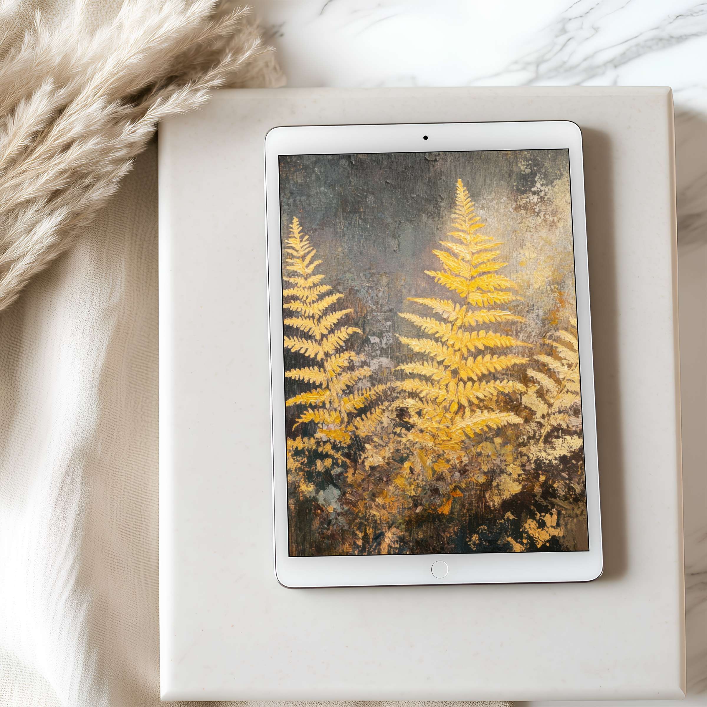 Elegant tablet wallpaper featuring golden ferns on a textured background, ideal for iPad and Android downloads to enhance serenity