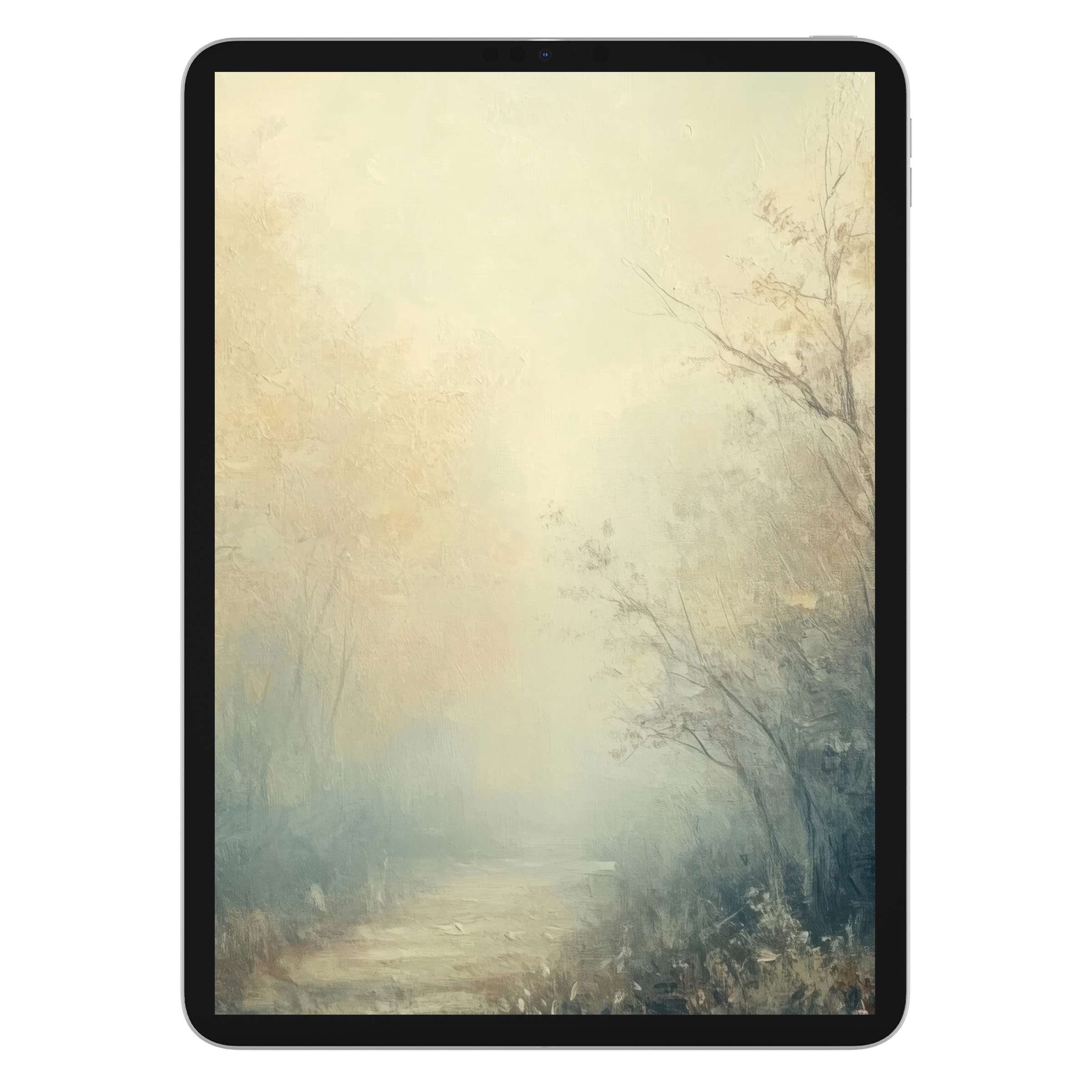 Misty landscape with muted fall tones graces this digital download of fall iPad wallpaper, a soothing background for any tablet