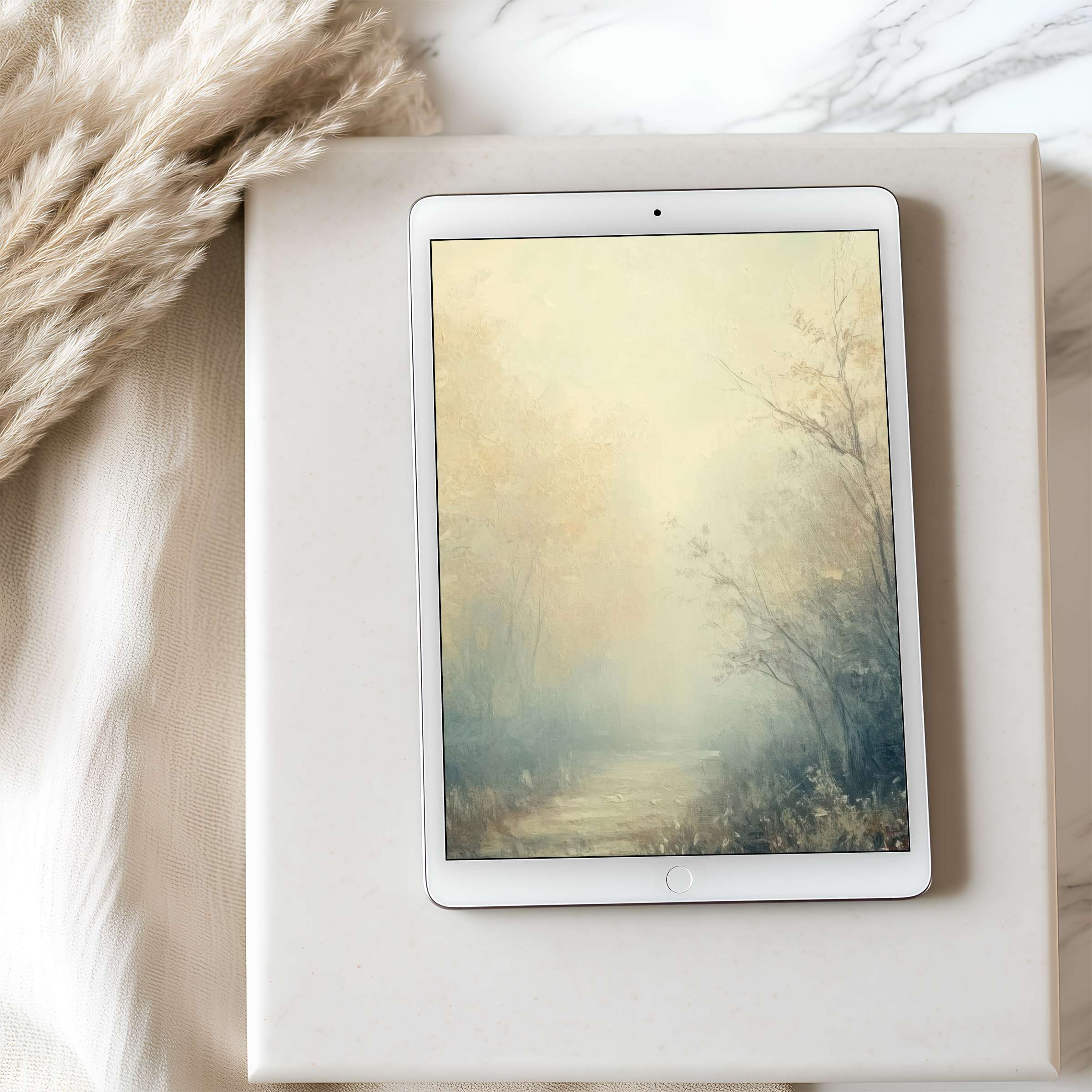 Elegant tablet wallpaper featuring a serene pastel forest scene, ideal for iPad and Android; high resolution digital download enhances tranquility
