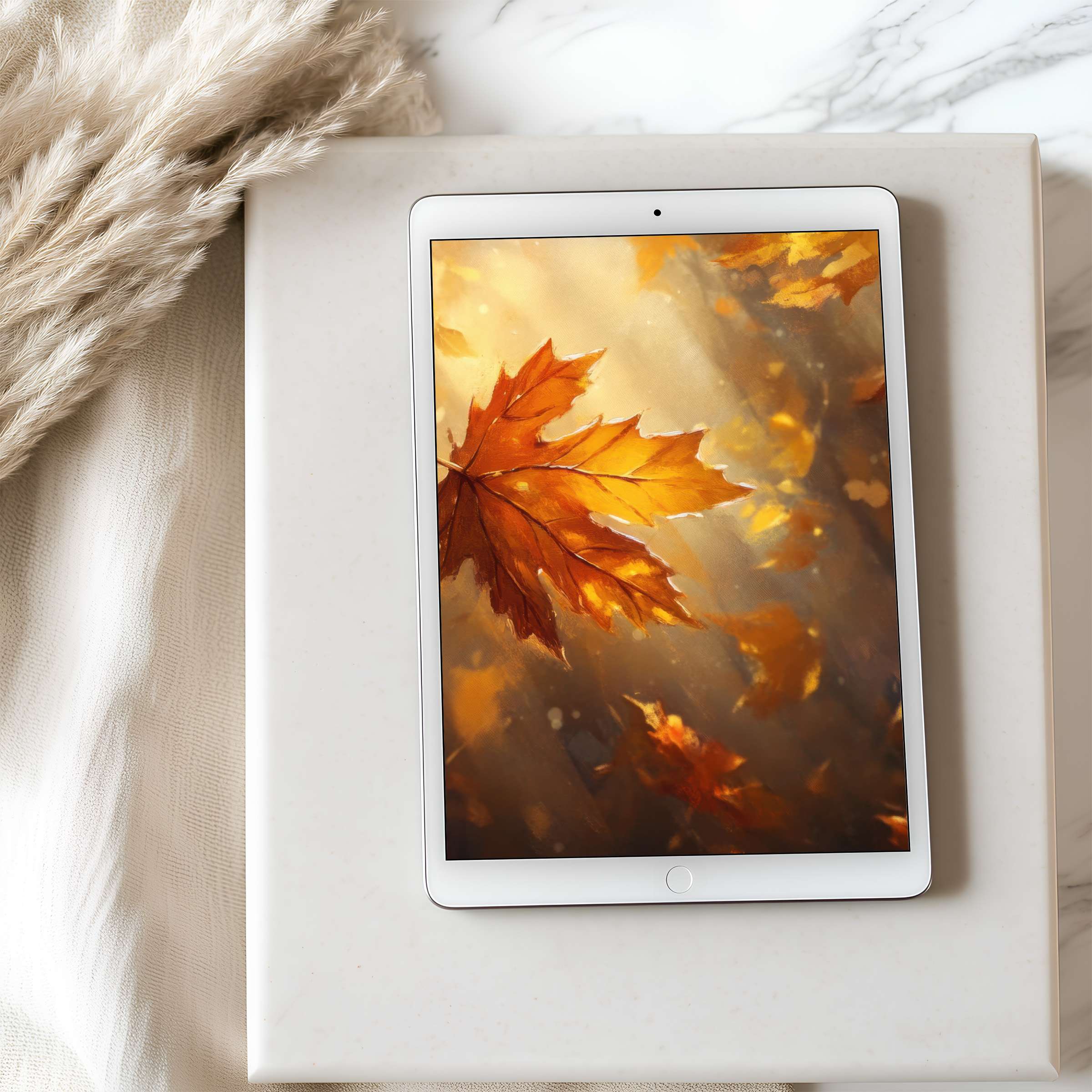 Elegant tablet wallpaper of golden autumn leaves in soft sunlight, perfect for high-resolution iPad use and soothing digital download