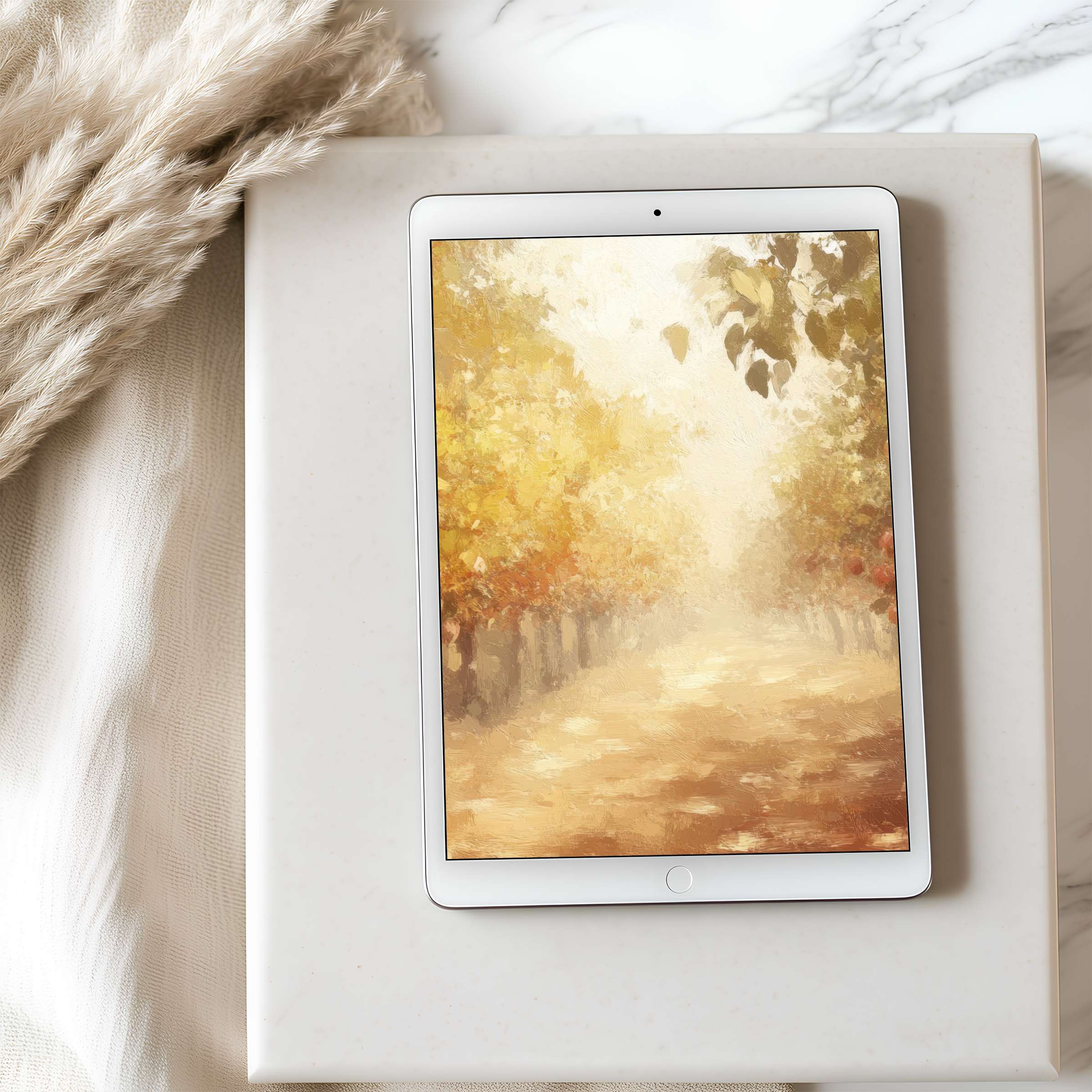Elegant autumn landscape tablet wallpaper in high resolution enhances your iPad with warm, calming tones and sustainable design download