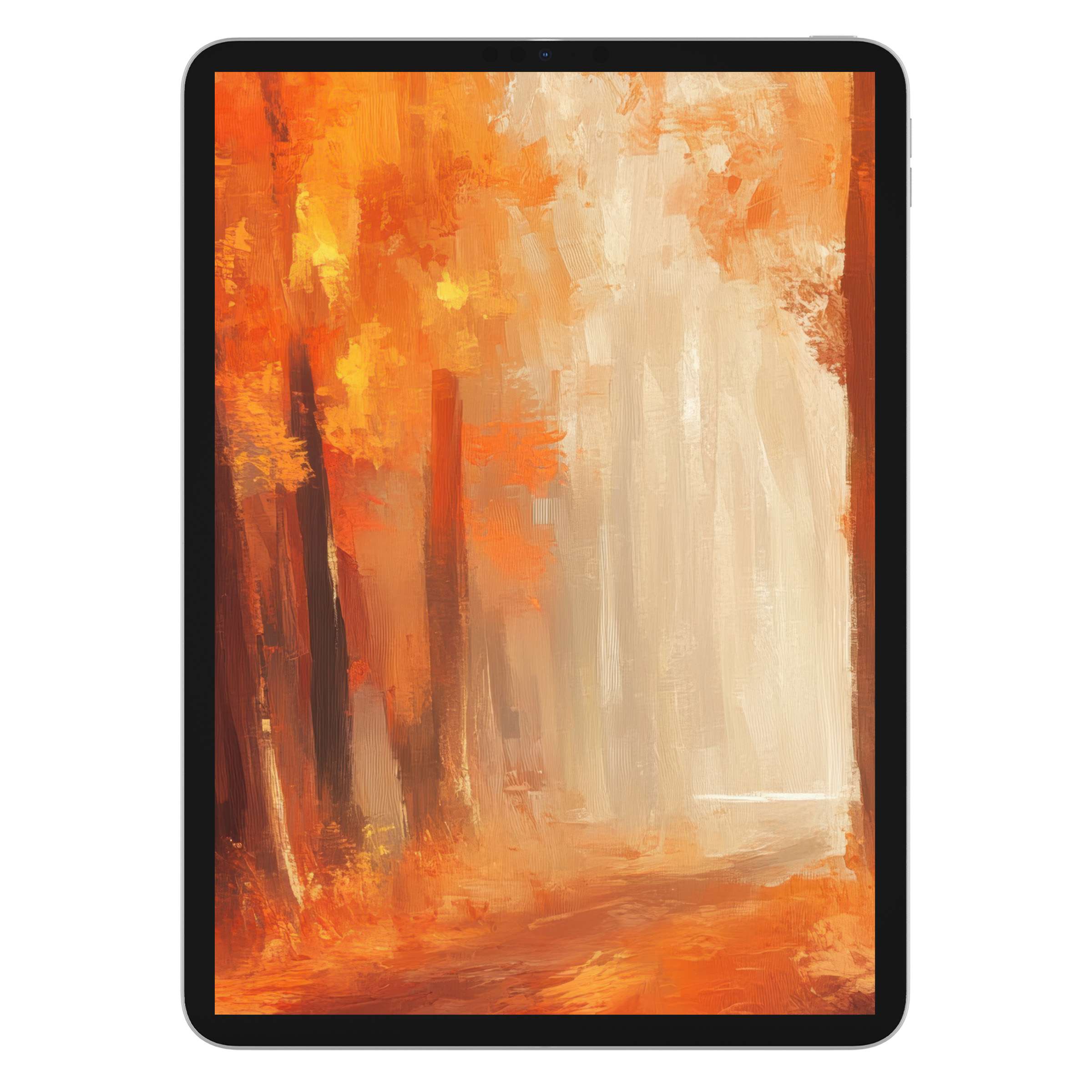 Warm and inviting fall iPad wallpaper with vibrant orange trees painted in brushstrokes, perfect digital download for tablet background