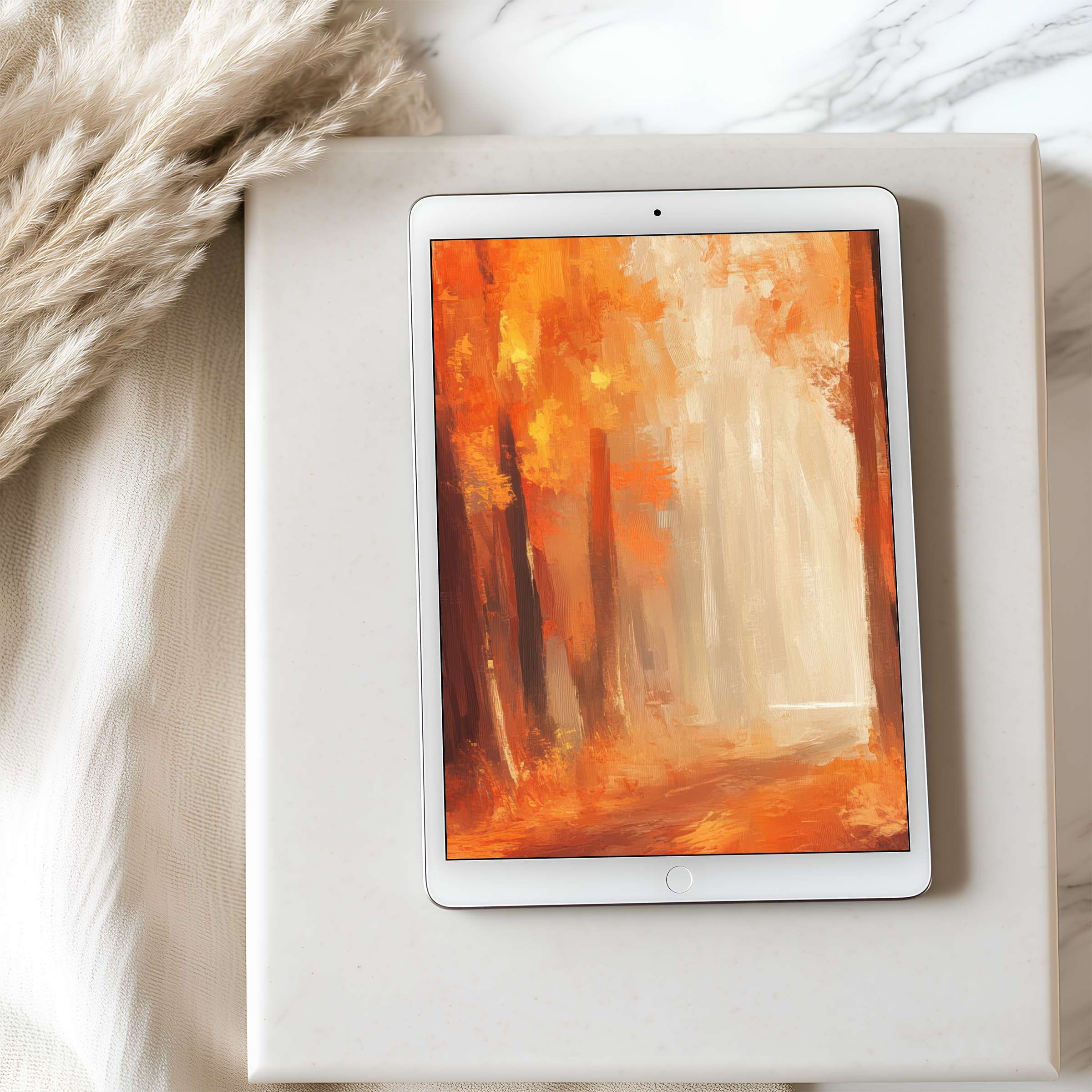 Vibrant autumn landscape tablet wallpaper in high resolution, exuding tranquility and elegance, ideal for iPad or Android digital download