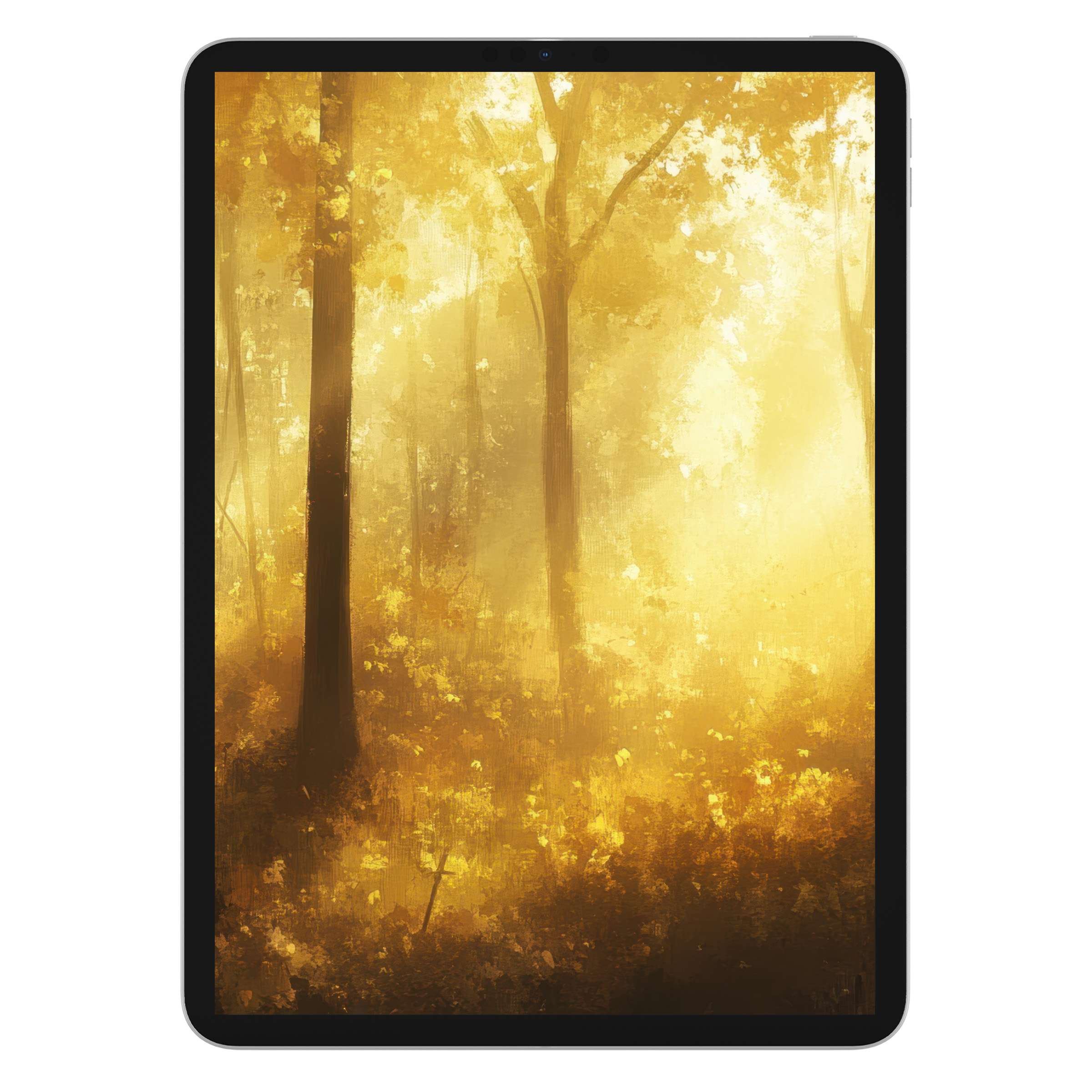 Golden autumn forest scene as fall iPad wallpaper offering serene digital download for tablet background; ideal for artistic tranquility