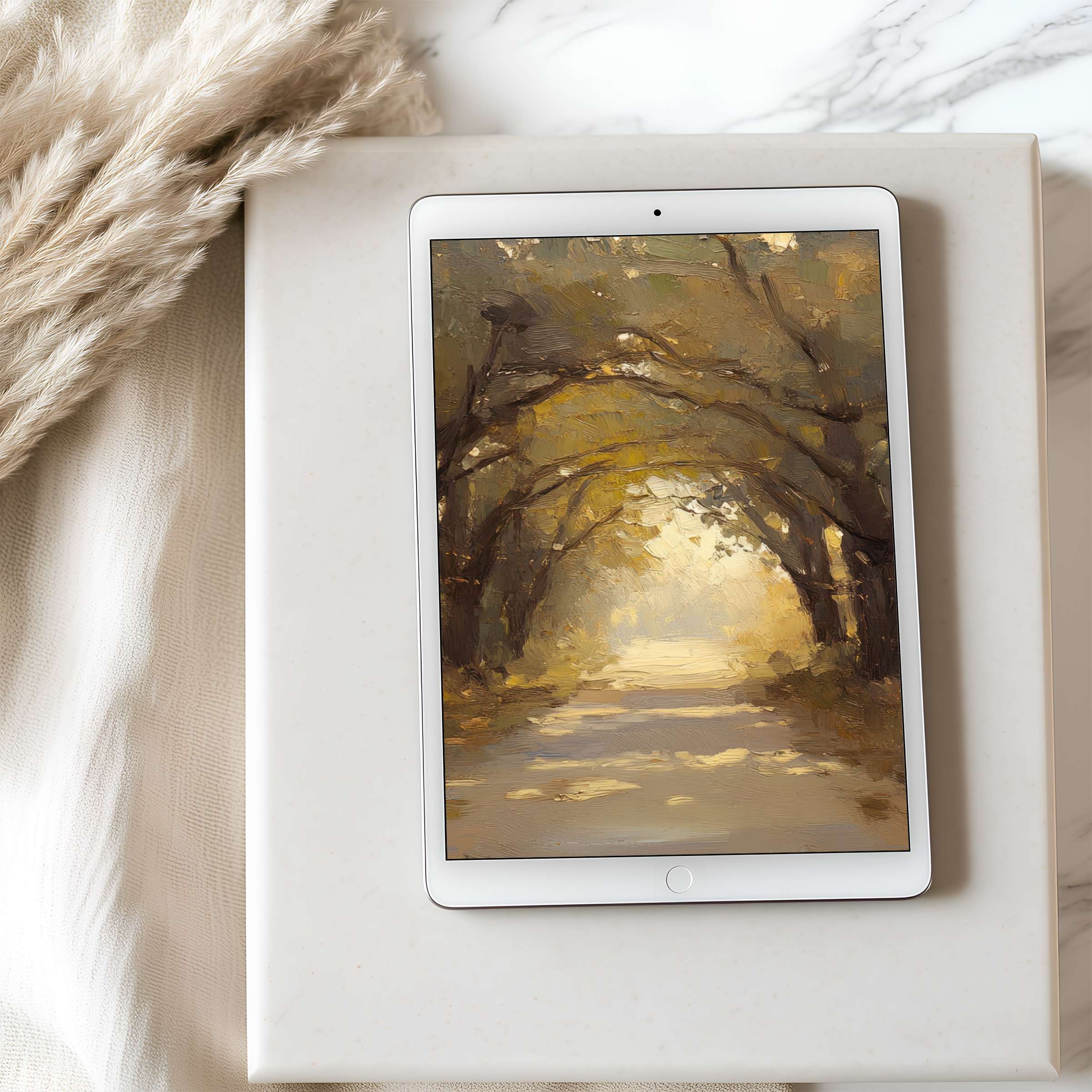 Elegant tablet wallpaper featuring serene forest path in warm tones, ideal for iPad; high resolution adds calm and beauty