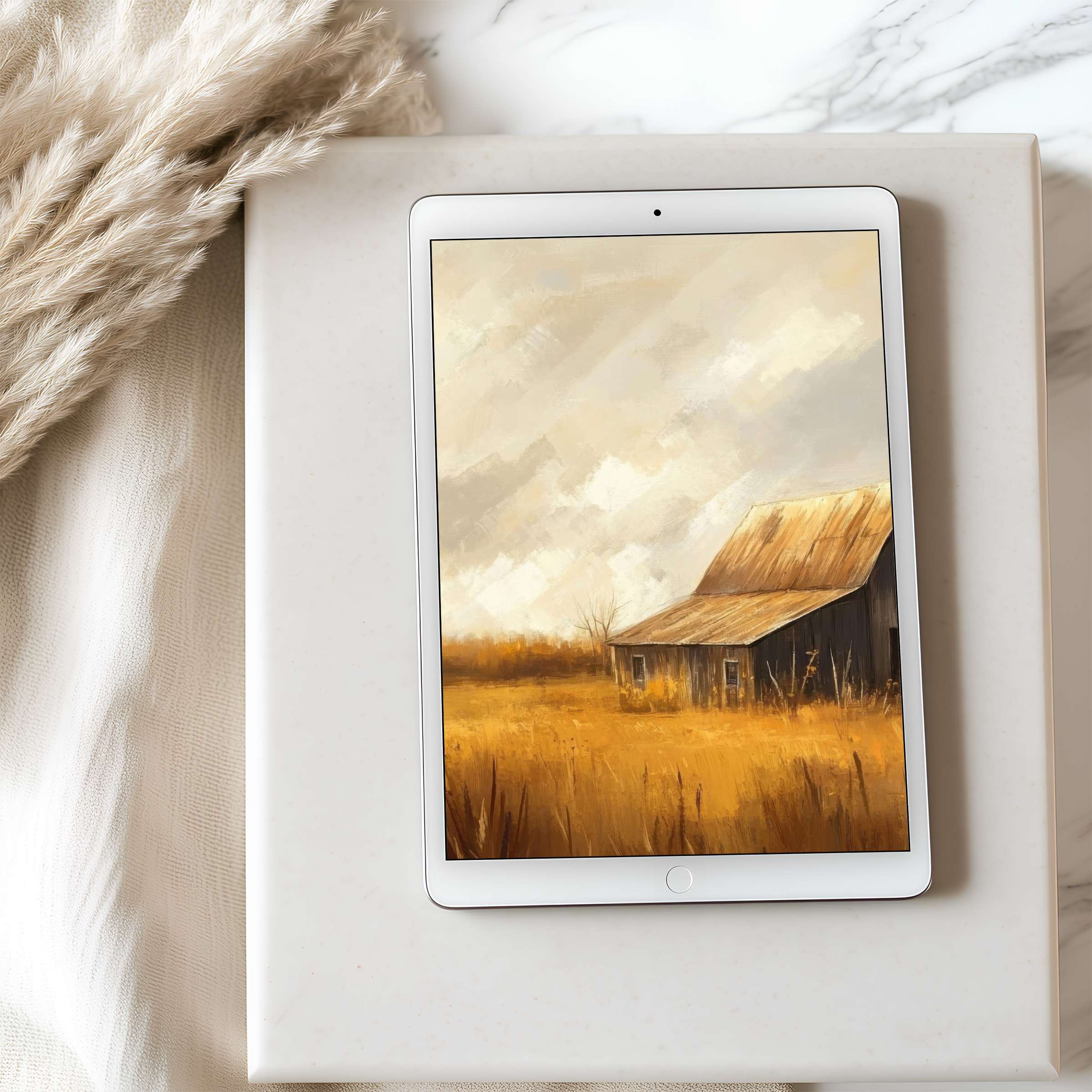 Rustic barn tablet wallpaper in warm autumn tones offers calm elegance for iPad, curated for stylish interiors and digital download