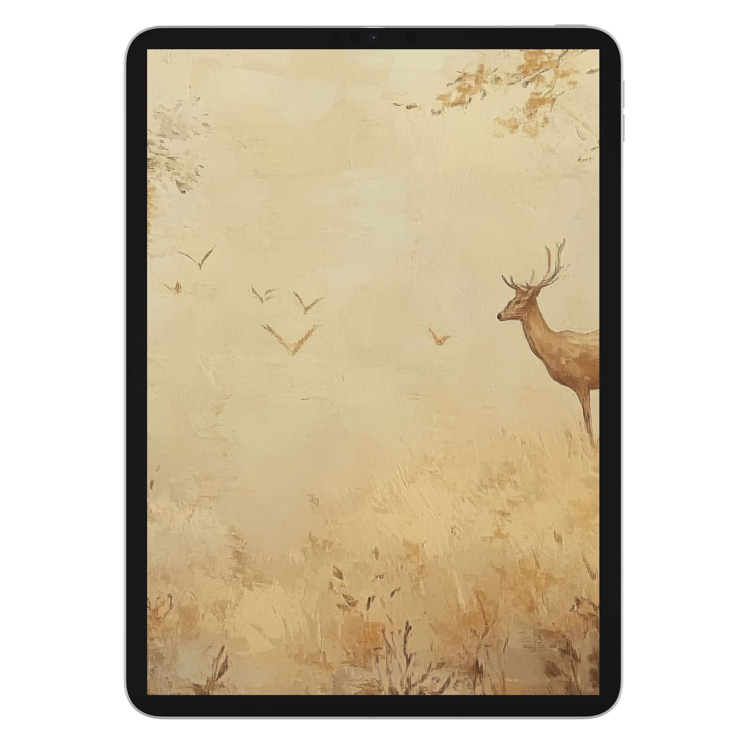 Elegant fall iPad wallpaper featuring a serene deer in a muted autumn landscape, perfect tablet background for digital download