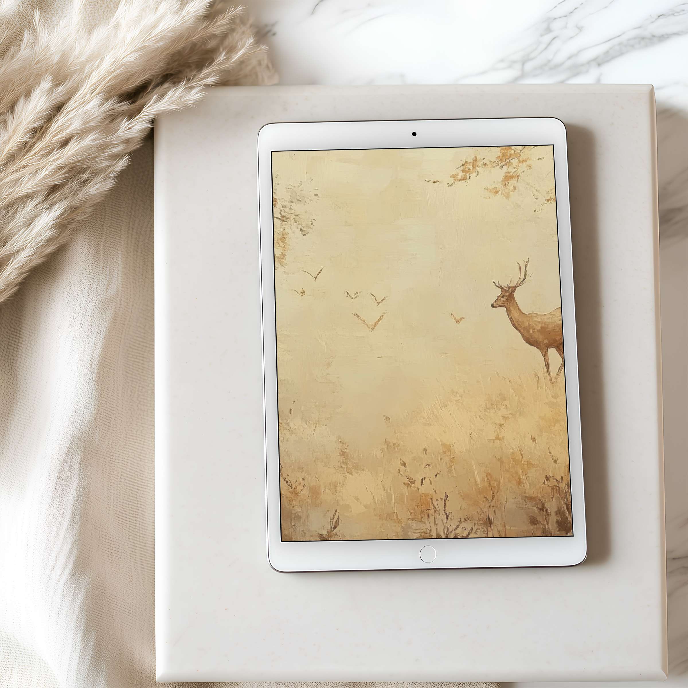 Elegant tablet wallpaper featuring a serene deer in a beige landscape, perfect for iPad and Android tablets, offering high-resolution digital download