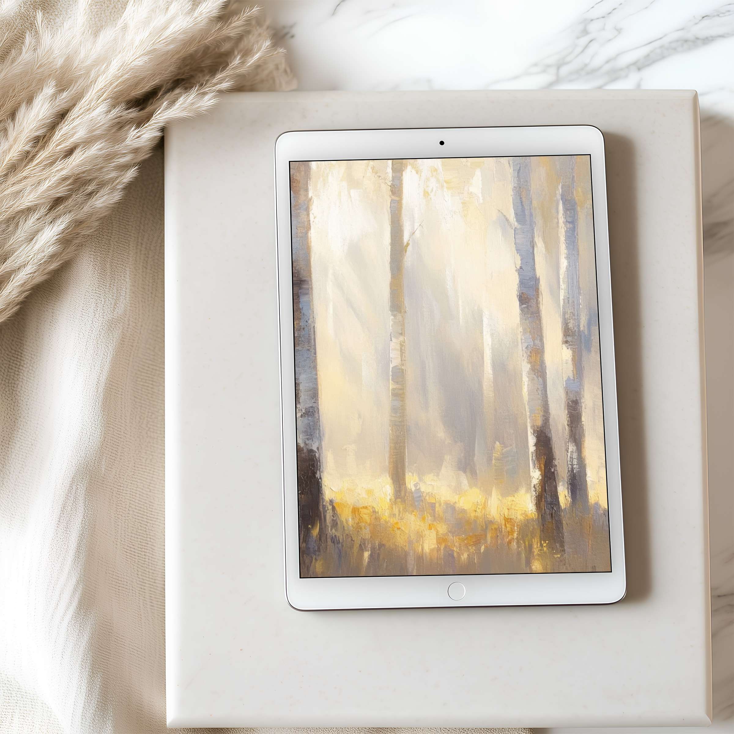 Elegant tablet wallpaper featuring serene abstract forest in soft neutrals for high resolution iPad and Android download