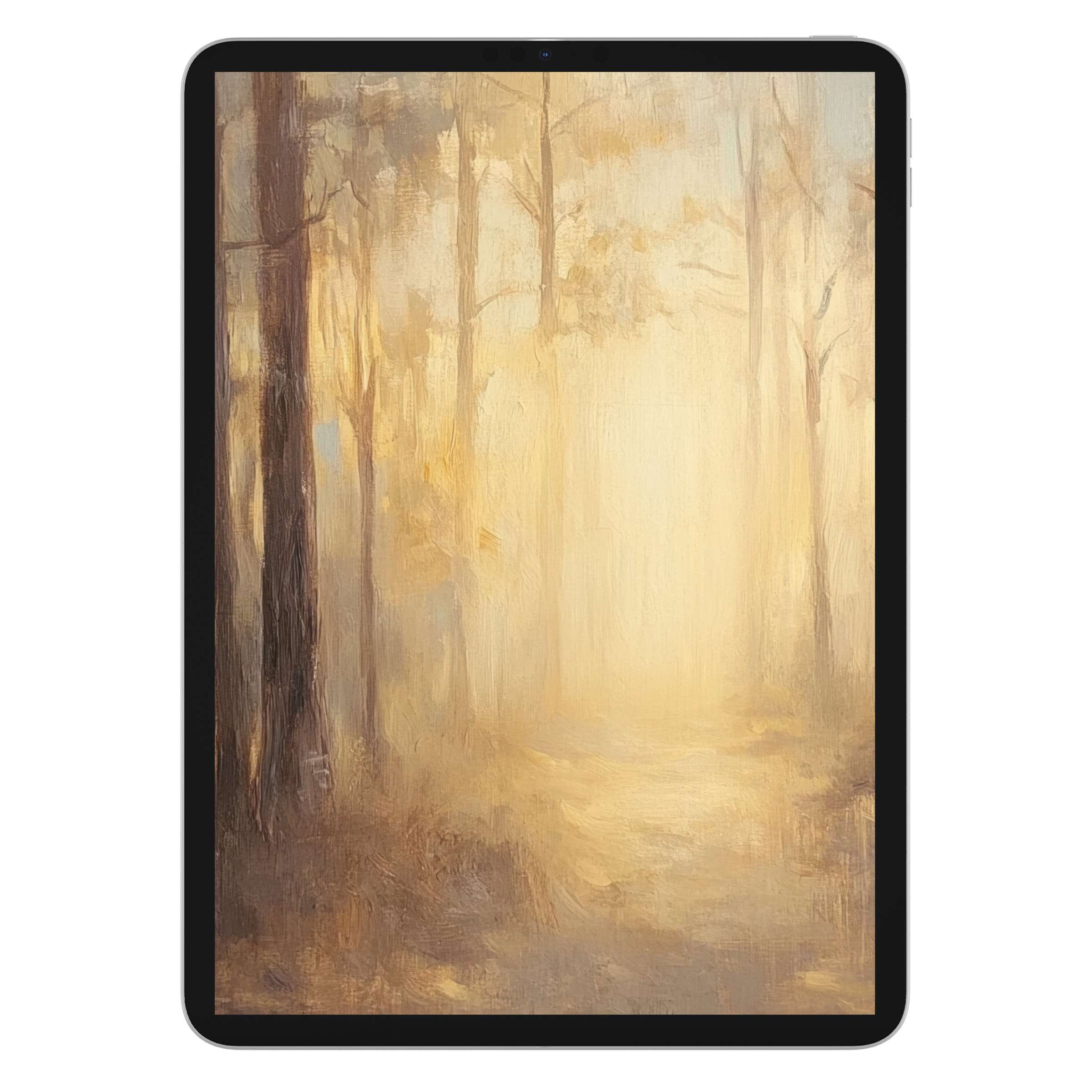 Serene fall iPad wallpaper with soft light through golden misty woods, offering a tranquil tablet background digital download