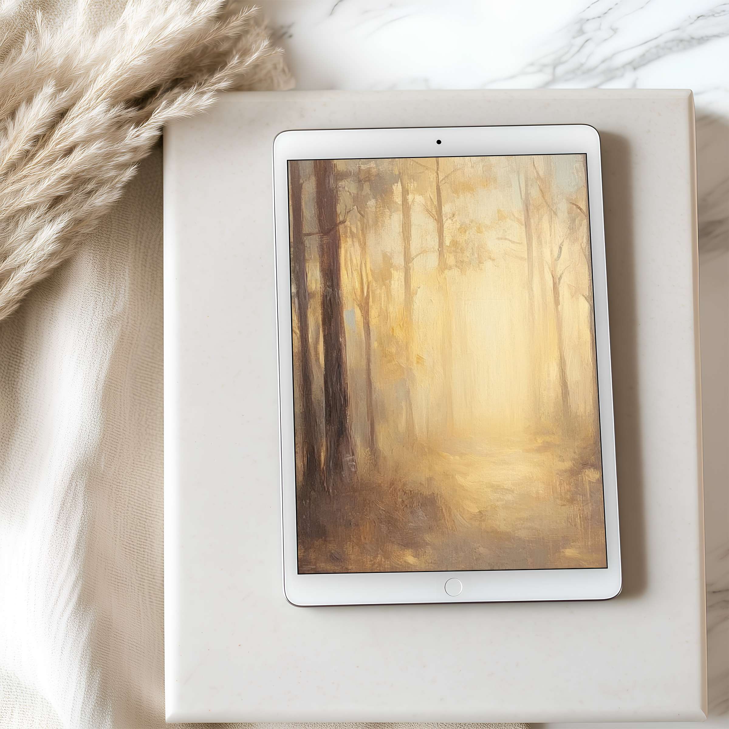 Tranquil forest scene tablet wallpaper in warm yellows and browns, perfect high resolution digital download for iPad and Android tablets