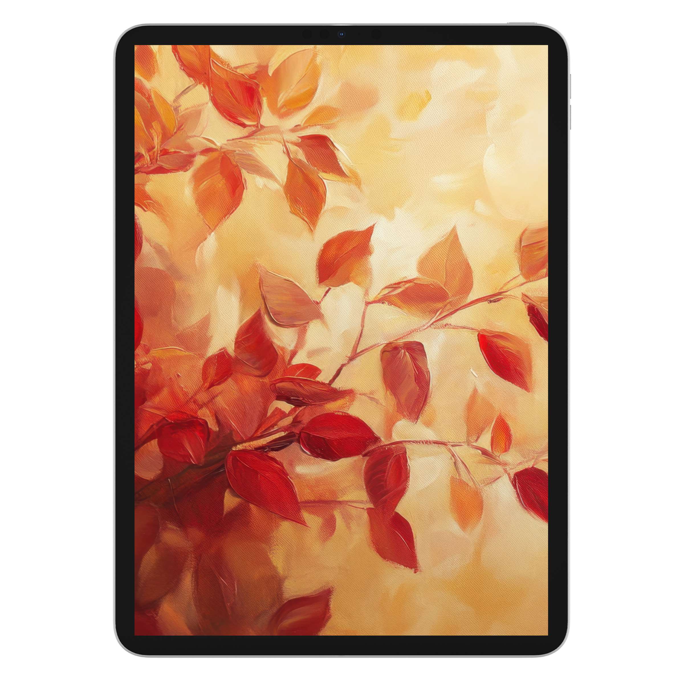 Elegant fall iPad wallpaper featuring vibrant red leaves on a textured background, perfect digital download for tablets, evokes serenity