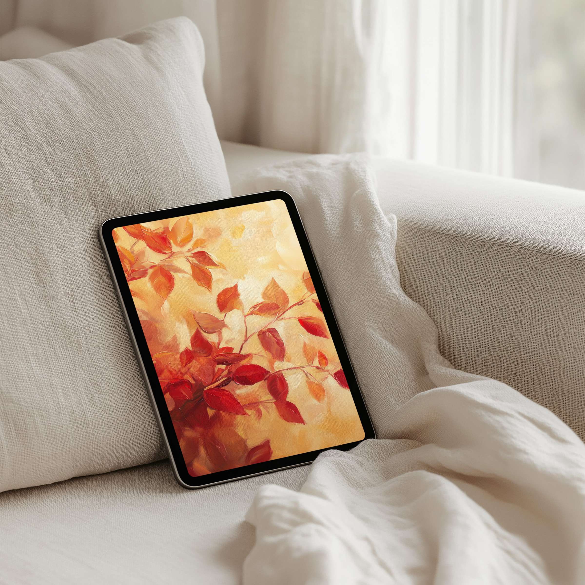 Warm autumn leaves iPad background for instant download offers calm elegance, perfect for any tablet, inspiring mindfulness