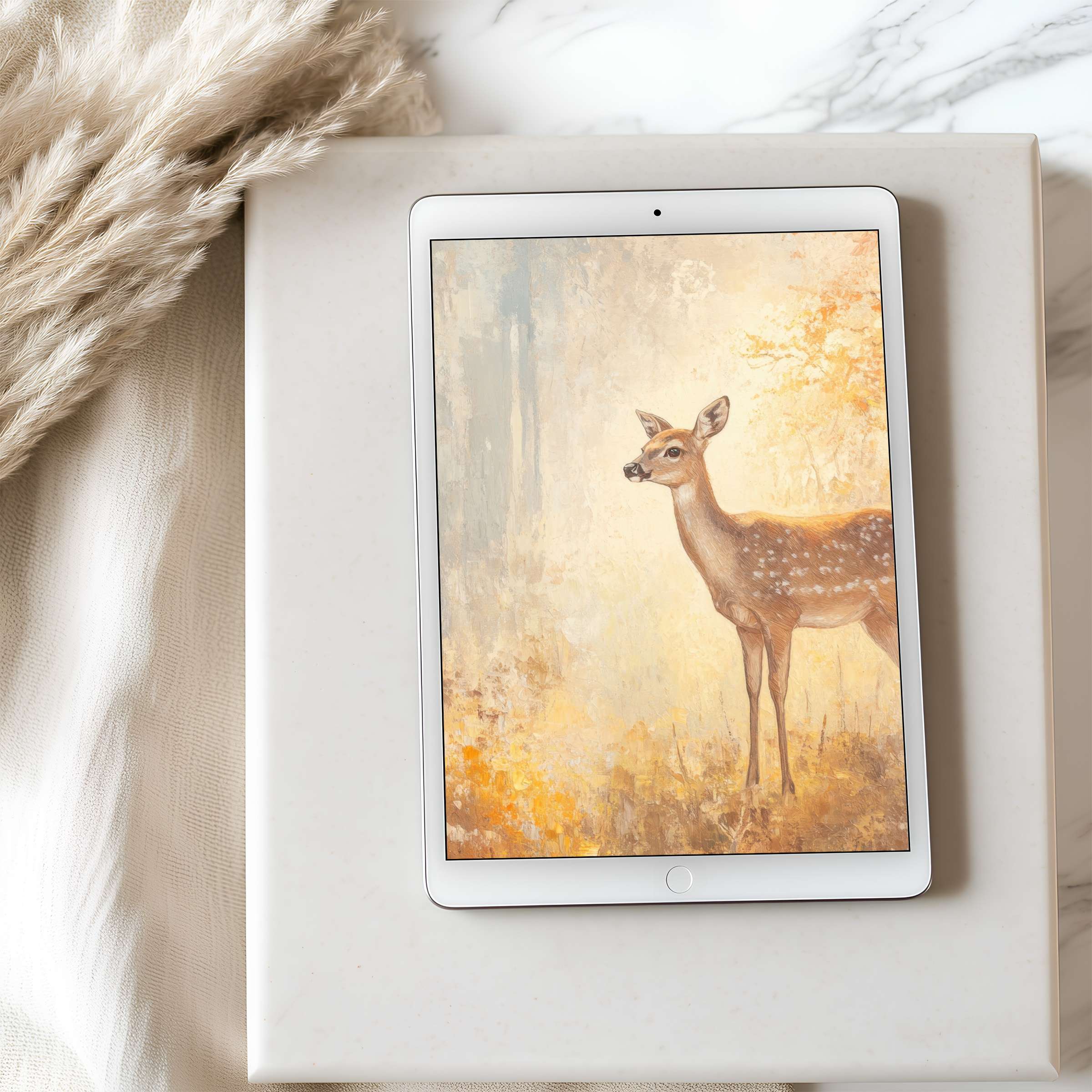 Elegant tablet wallpaper featuring a serene deer in earthy tones, perfect for high-resolution iPad downloads, enhancing tranquil spaces