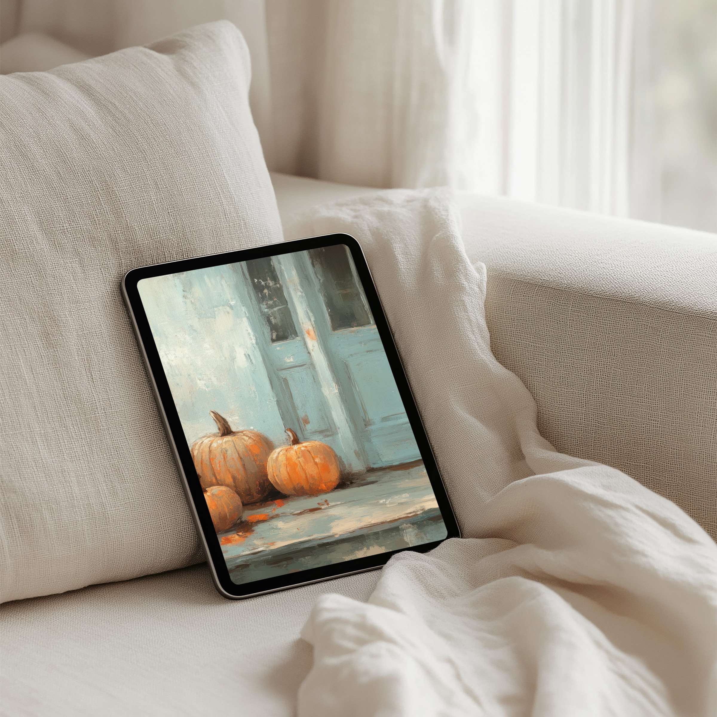 Calm, elegant pumpkin scene enhances iPad background with soft blue hues, perfect for mindful aesthetics, instant download for any tablet