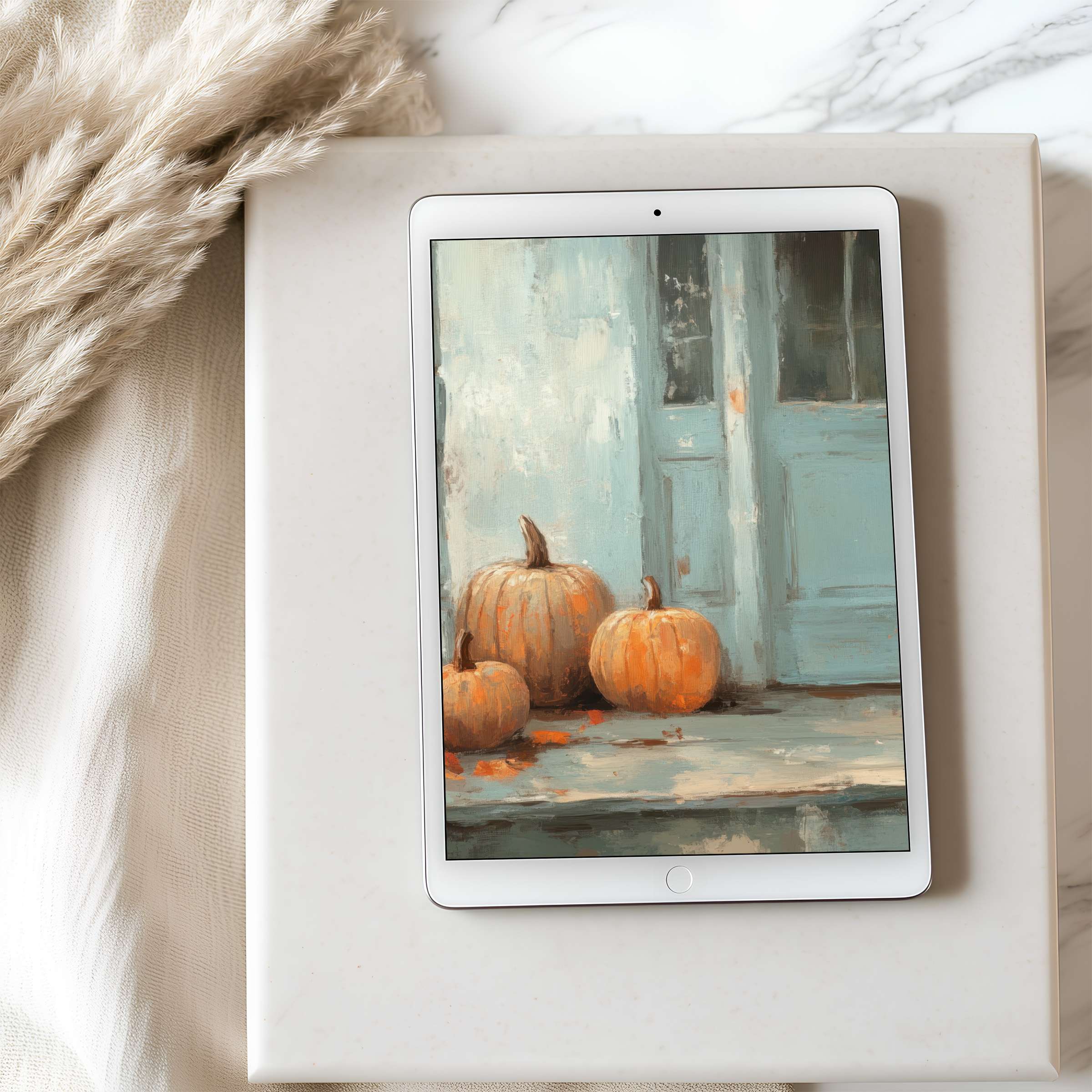 Elegant tablet wallpaper featuring rustic pumpkins against an antique blue door, perfect for iPad high resolution download