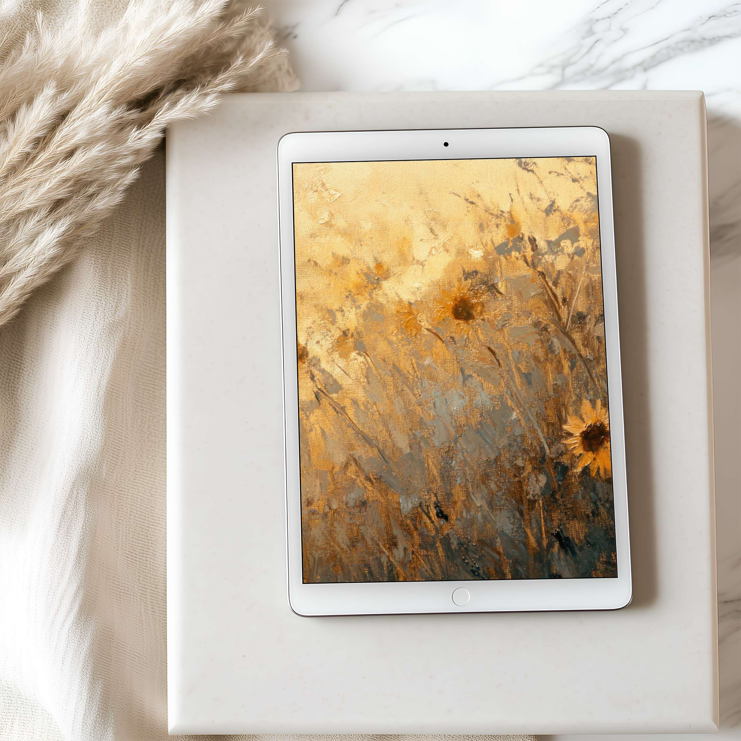 Elegant tablet wallpaper featuring a serene abstract sunflower field, perfect for iPad or Android tablets, offering high-resolution beauty