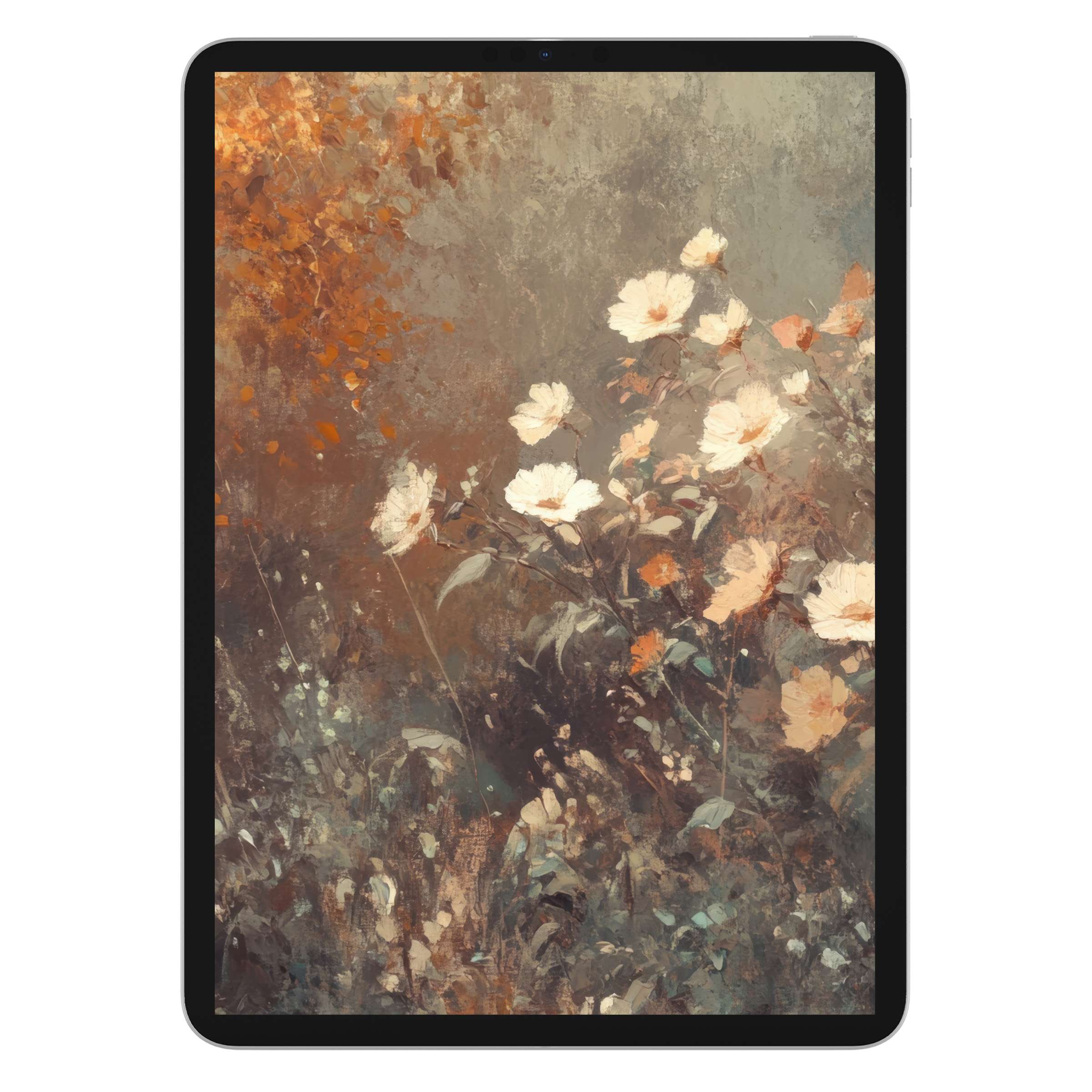 Elegant fall iPad wallpaper with soft floral motifs and earthy tones ideal for digital download on tablets enhancing a serene background