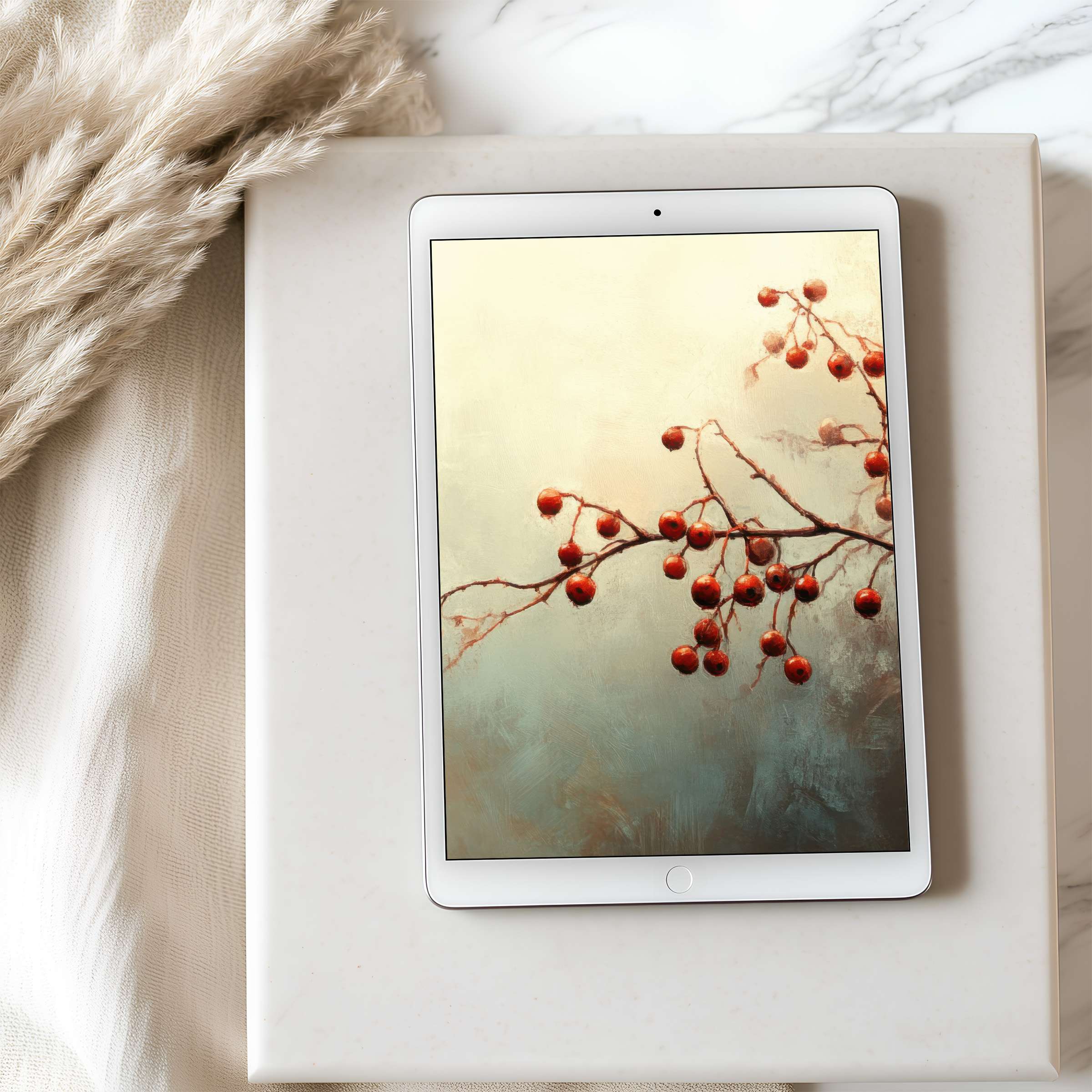 Elegant tablet wallpaper featuring red berries on an abstract background, perfect for iPad, high resolution digital download enhances serenity