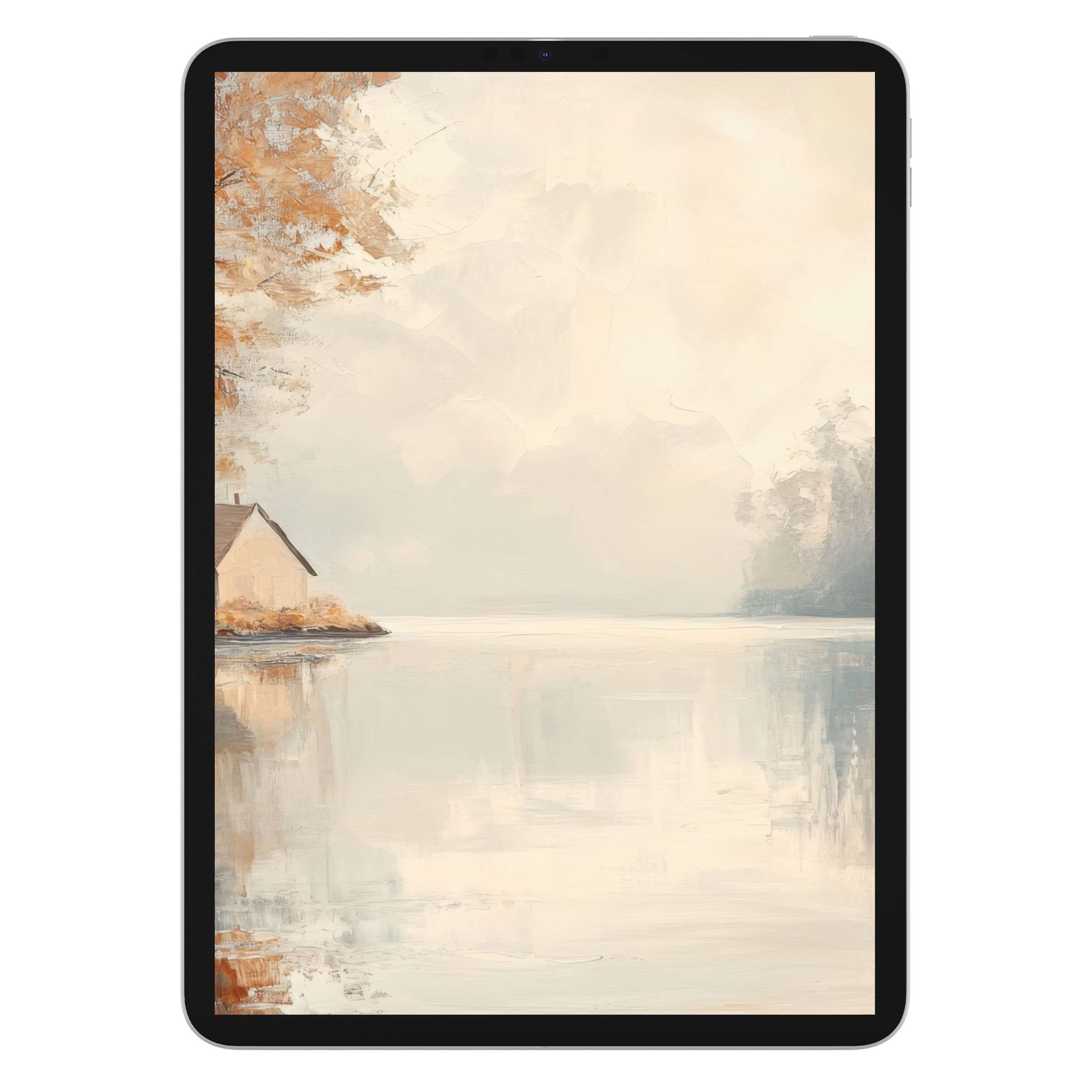 Elegant fall iPad wallpaper featuring a serene lakeside cottage scene for tablet background; ideal digital download for calm aesthetics