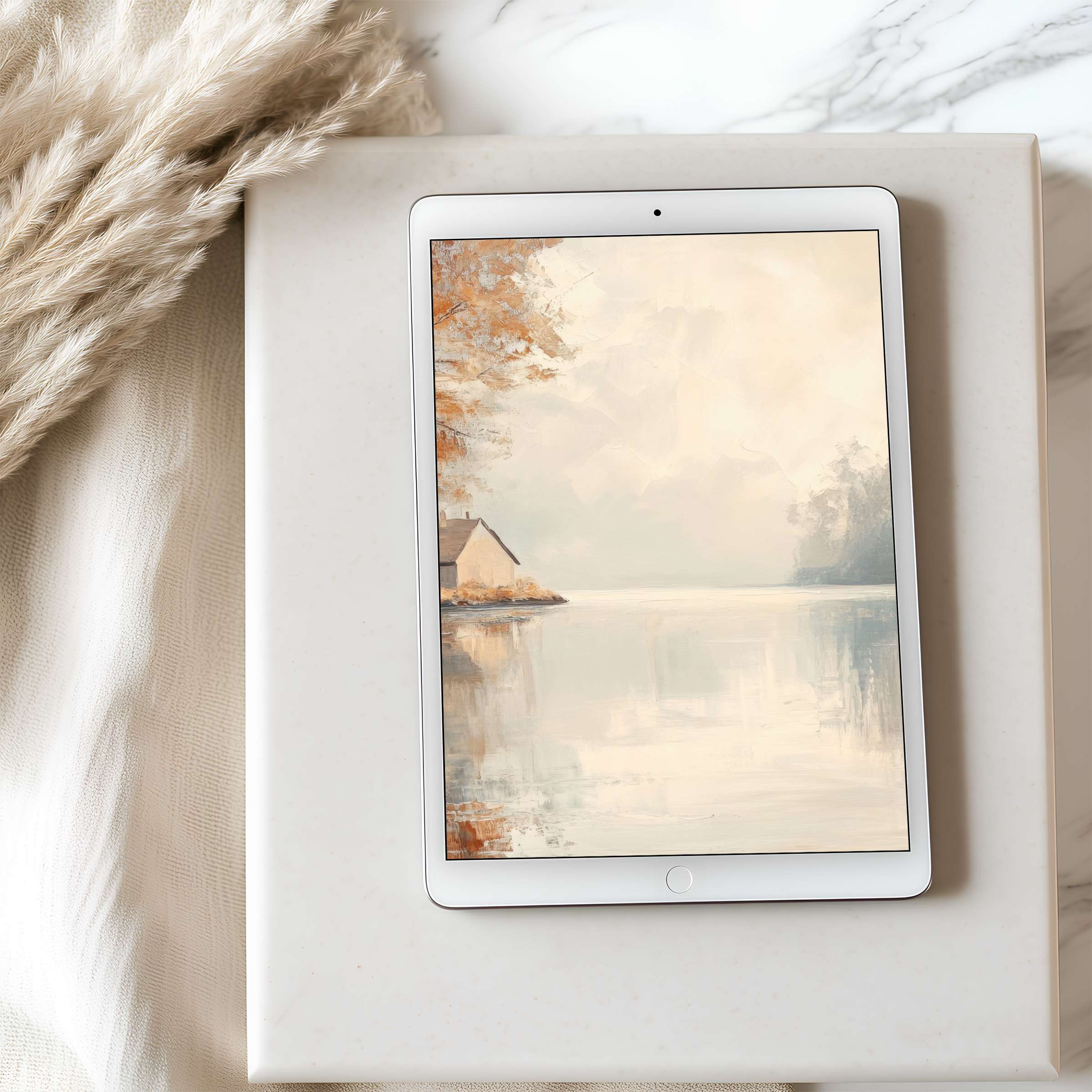 Elegant tablet wallpaper featuring serene lake painting in warm earth tones, perfect for curated iPad digital download, enriches calm spaces