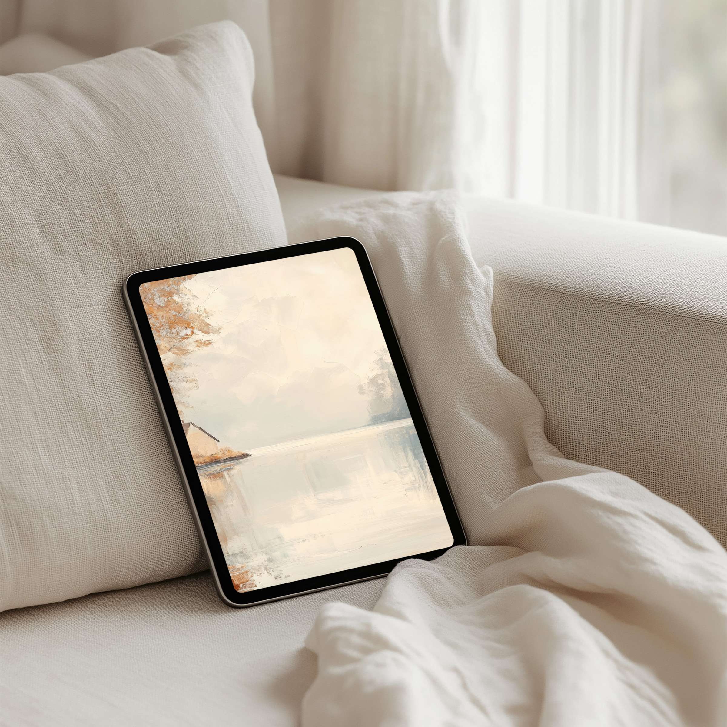 Elegant iPad background featuring a serene watercolor lakeside, perfect for instant download to inspire mindfulness on any tablet