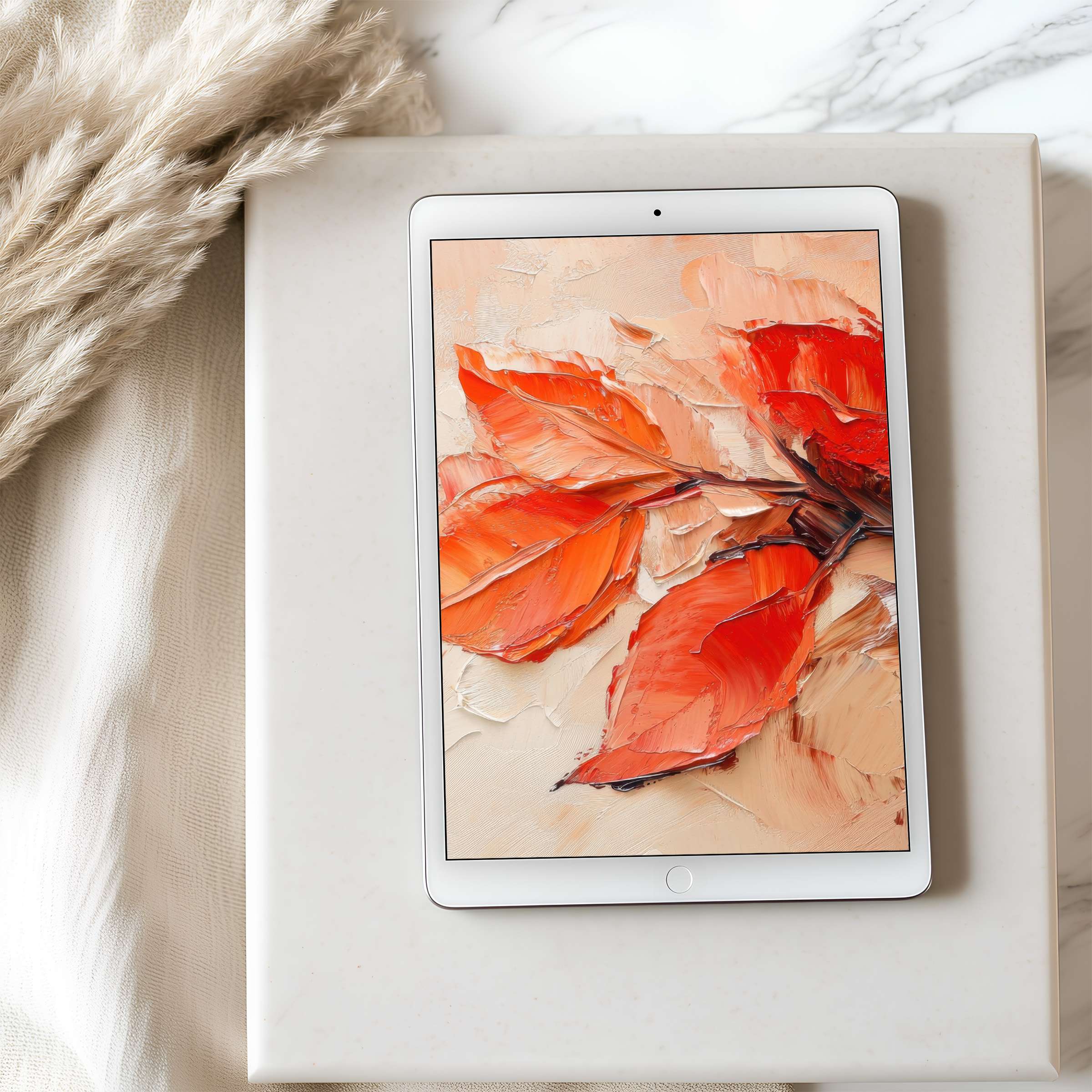 Elegant tablet wallpaper with vibrant autumn leaves in rich hues; perfect high-resolution digital download for iPad or Android devices