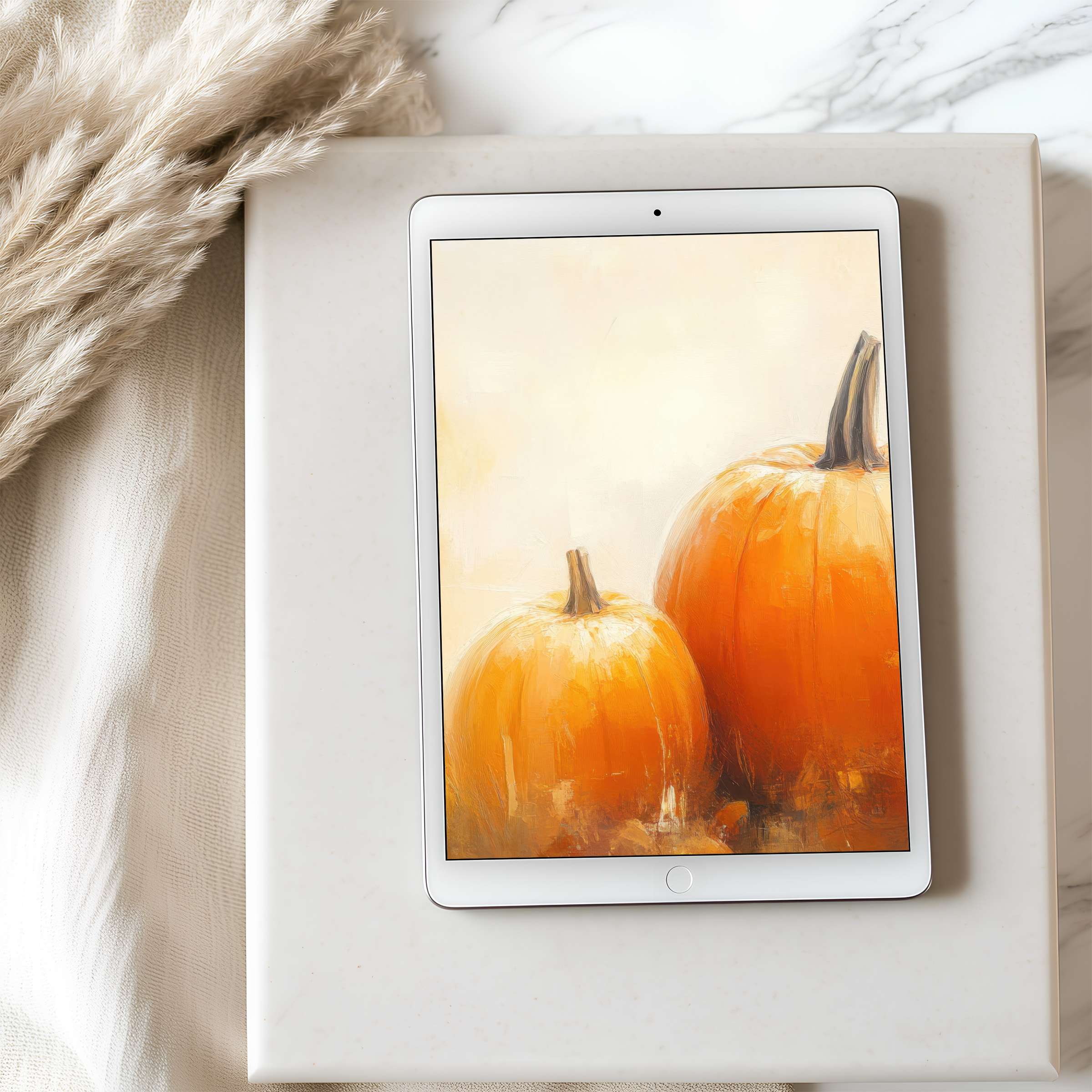 Elegant pumpkin tablet wallpaper in high resolution offers calming autumnal aesthetics for iPad and tablets as a digital download