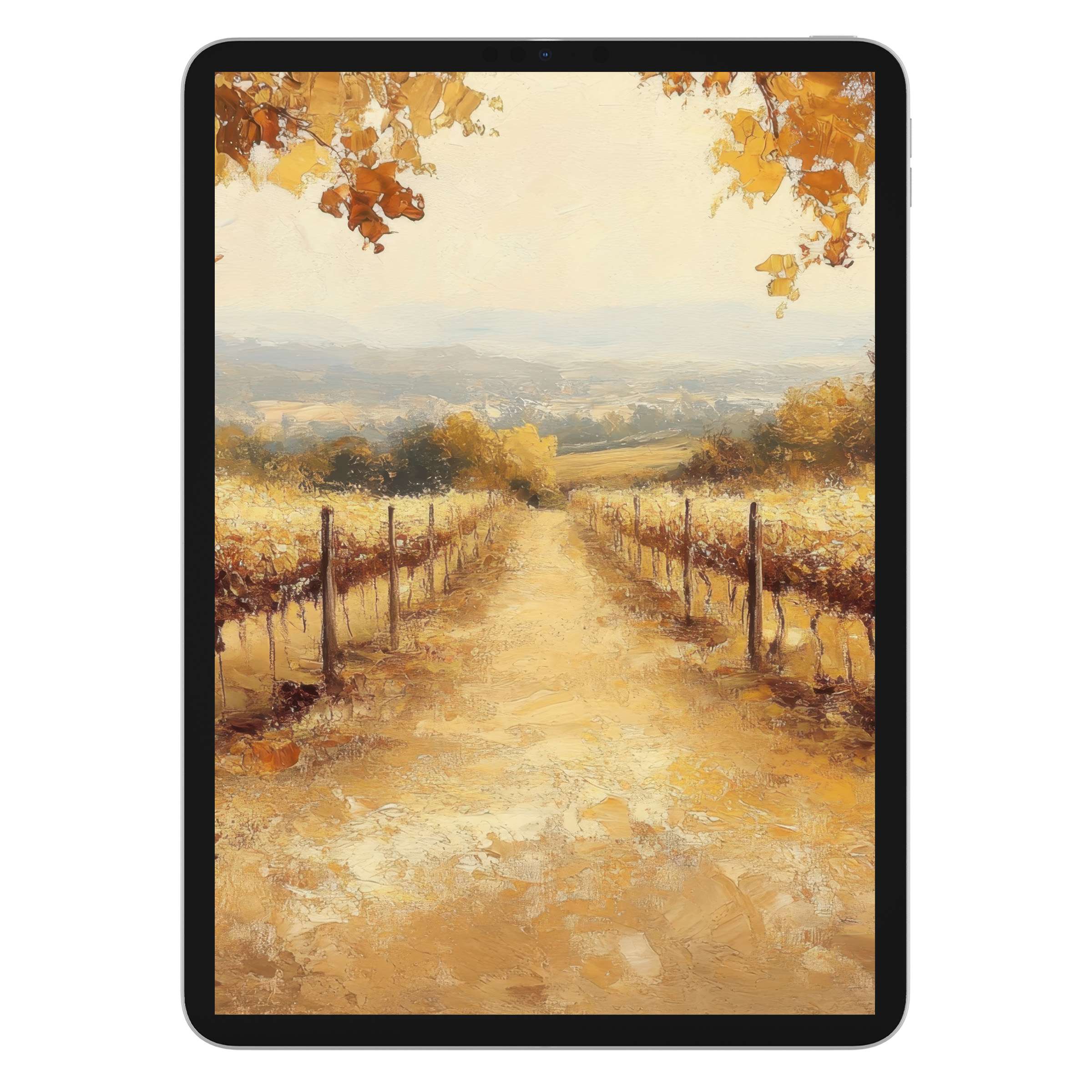 Serene fall iPad wallpaper showcasing golden vineyards under autumn leaves, perfect tablet background for design lovers; digital download available