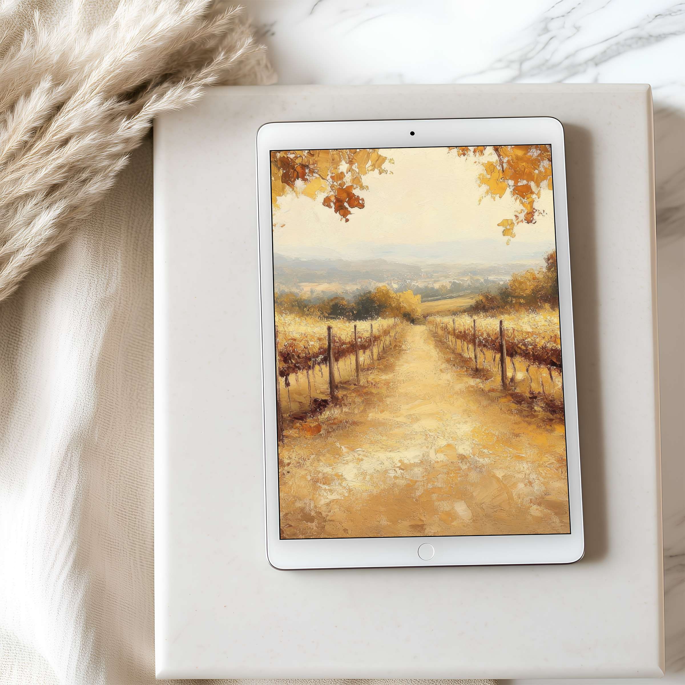 Warm autumn vineyard painting as tablet wallpaper offers serene elegance for iPad and Android high-resolution digital downloads