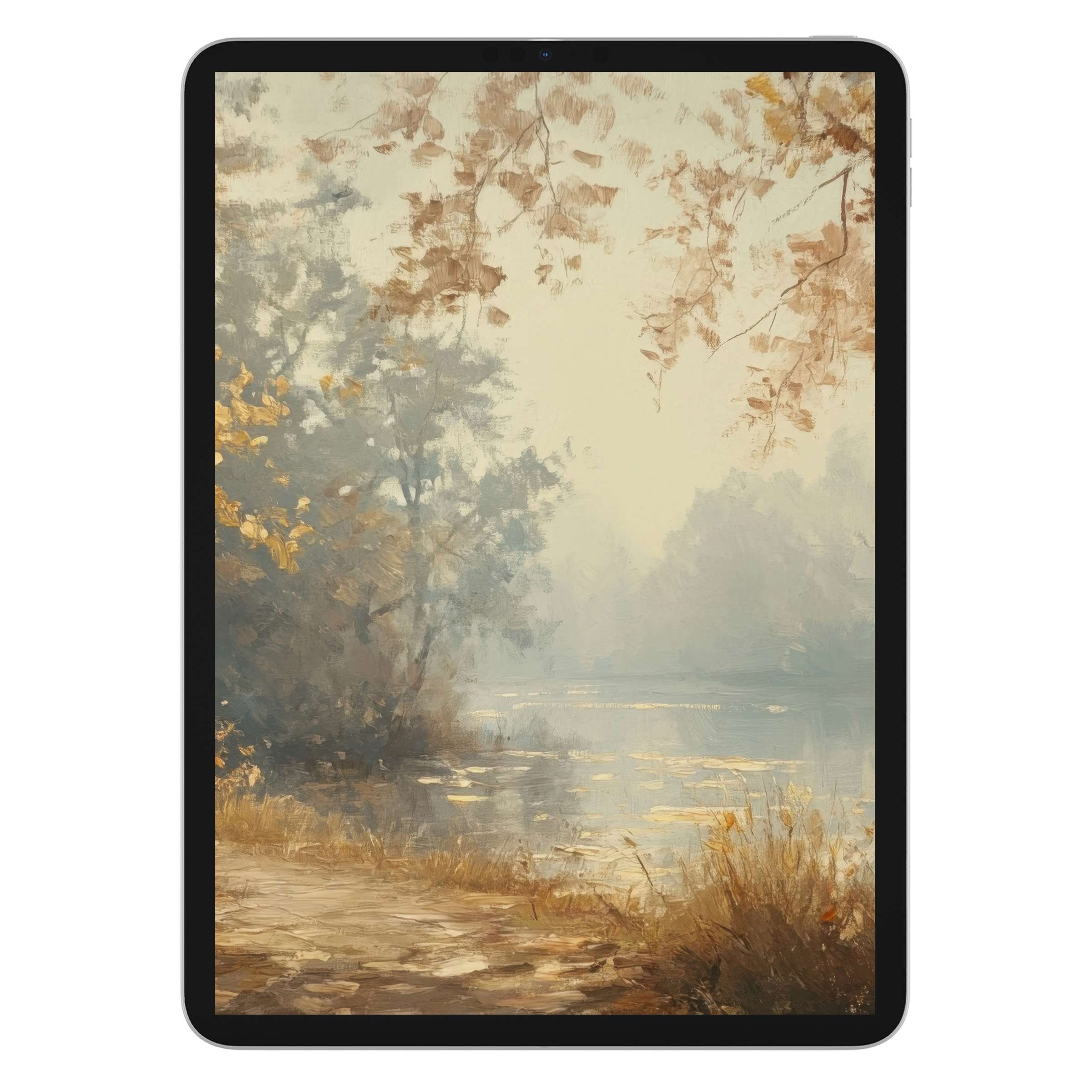 Elegant fall iPad wallpaper showcasing a serene misty lake scene in soft earthy tones, perfect digital download for tablet background