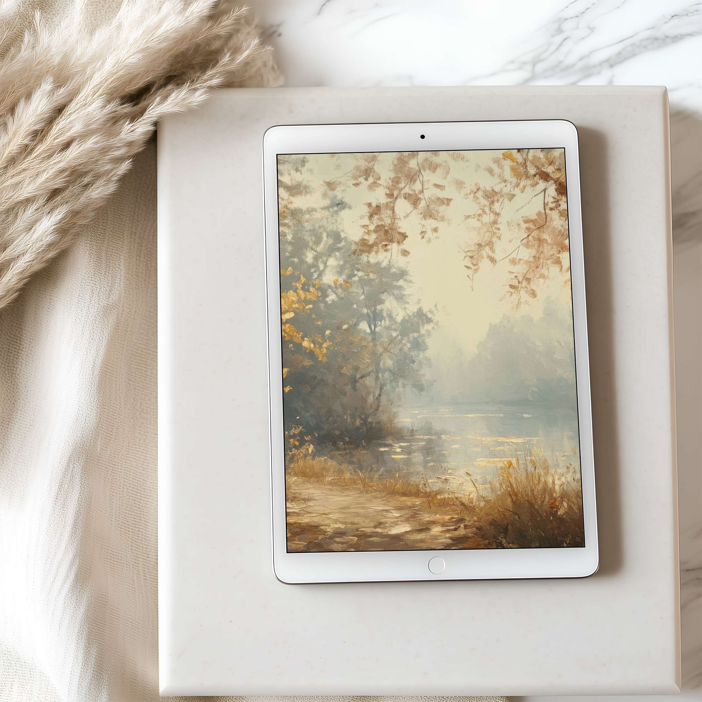 Serene autumn landscape tablet wallpaper in high resolution on iPad, set against a cozy neutral backdrop, offers calming aesthetic harmony
