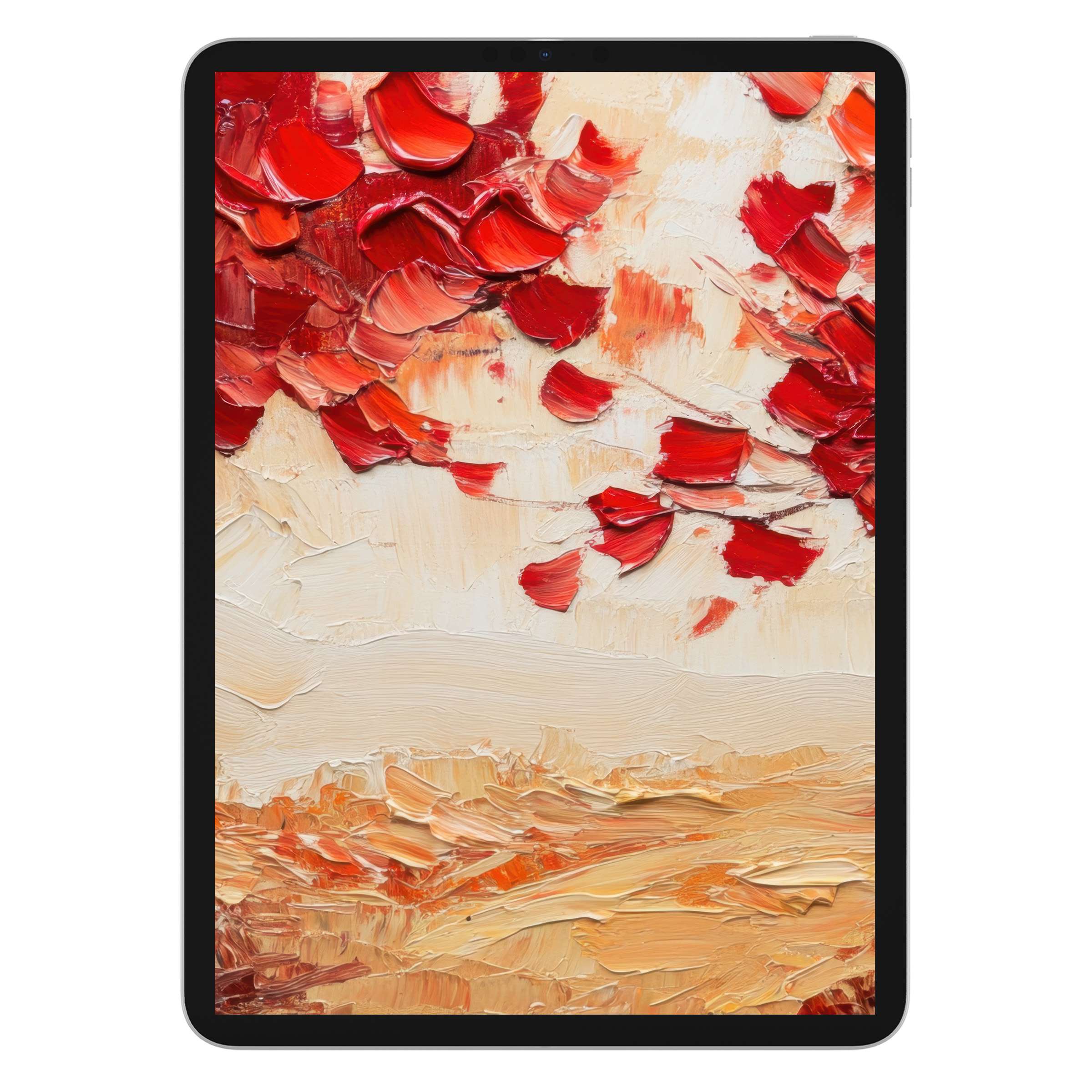 Elegant fall iPad wallpaper featuring warm red and beige oil textures for calm digital download background on any tablet device